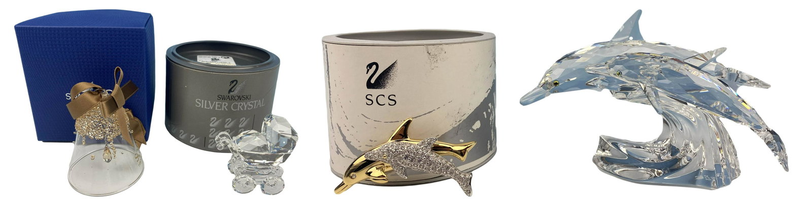 Swarovski Whale Carriage Pin Bell figurine 4pc LOT: Includes ~ 1 x Dolphins "Lead Me". Designer : Michael Stamey. ( 1990 - 1990). No Box. 1 x Baby Carriage. Designer : Gabriel Stamey ( 1996 -1999 ). 1 x Dolphin brooch pin. 1 x Bell (Ornament ( Celebrat