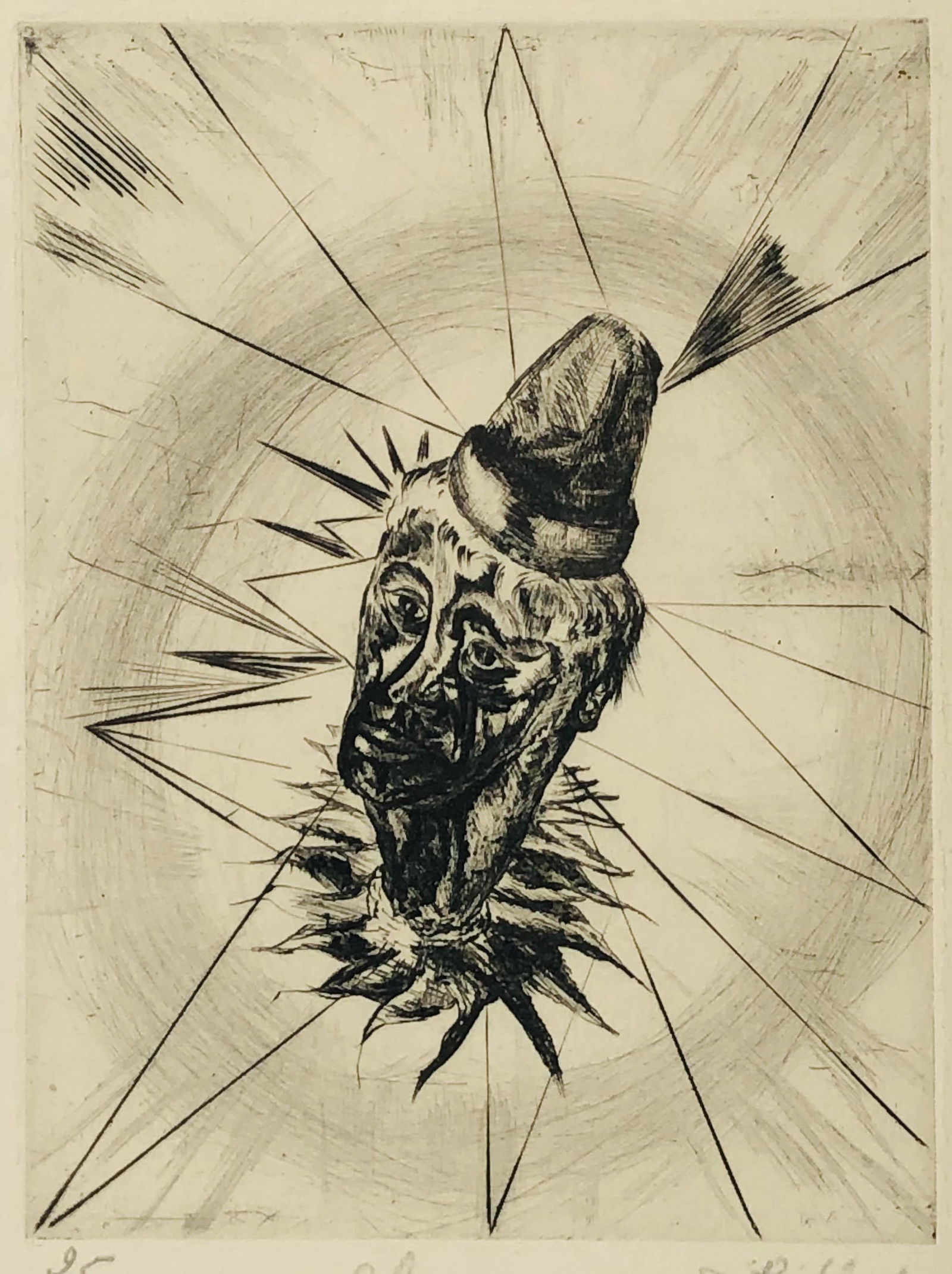 Mystery Artist Black White Clown Portrait Etching (1 of 6)