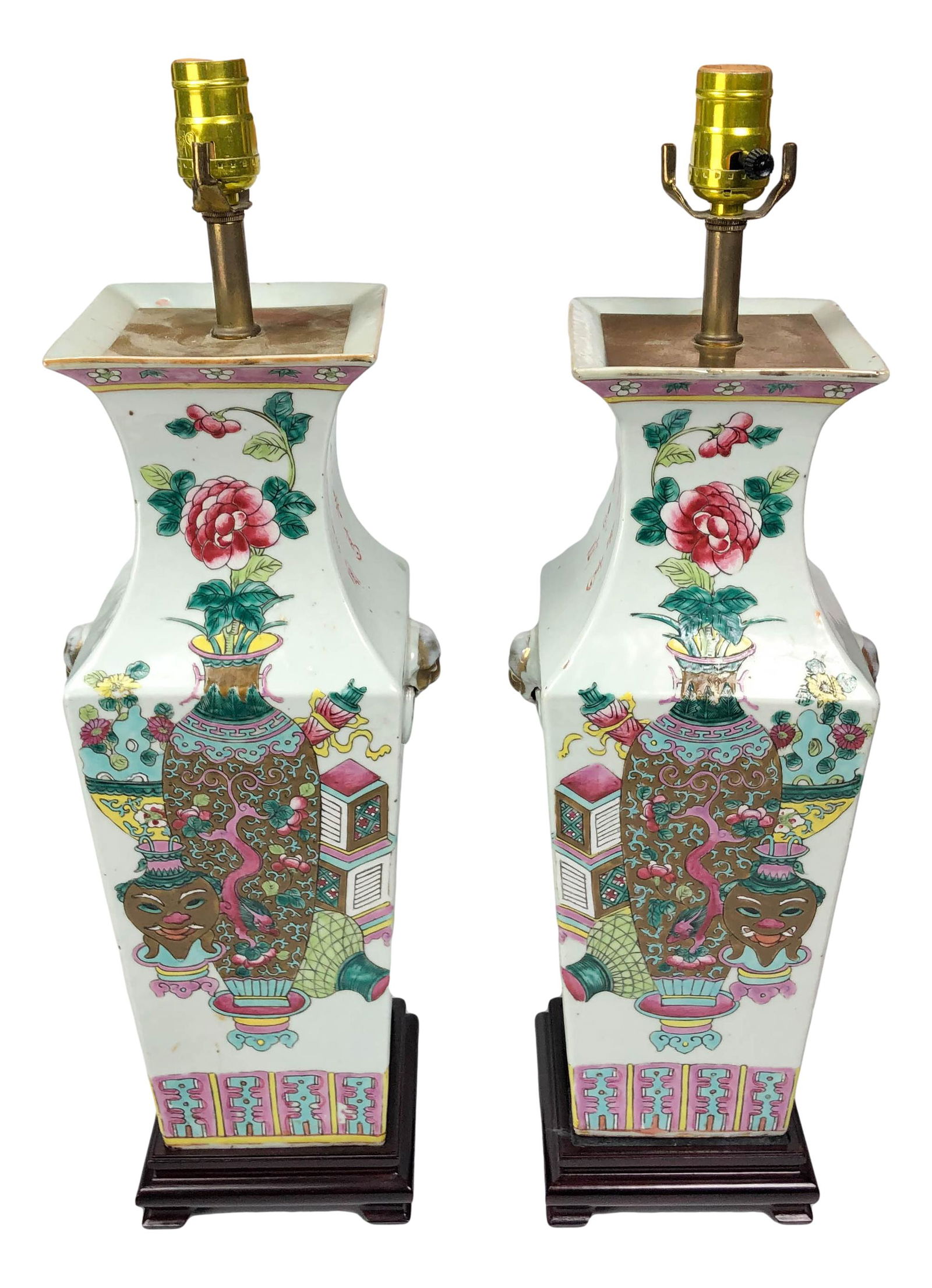Chinese Famille Rose Calligraphy Porcelain Lamp Pr (1 of 3)