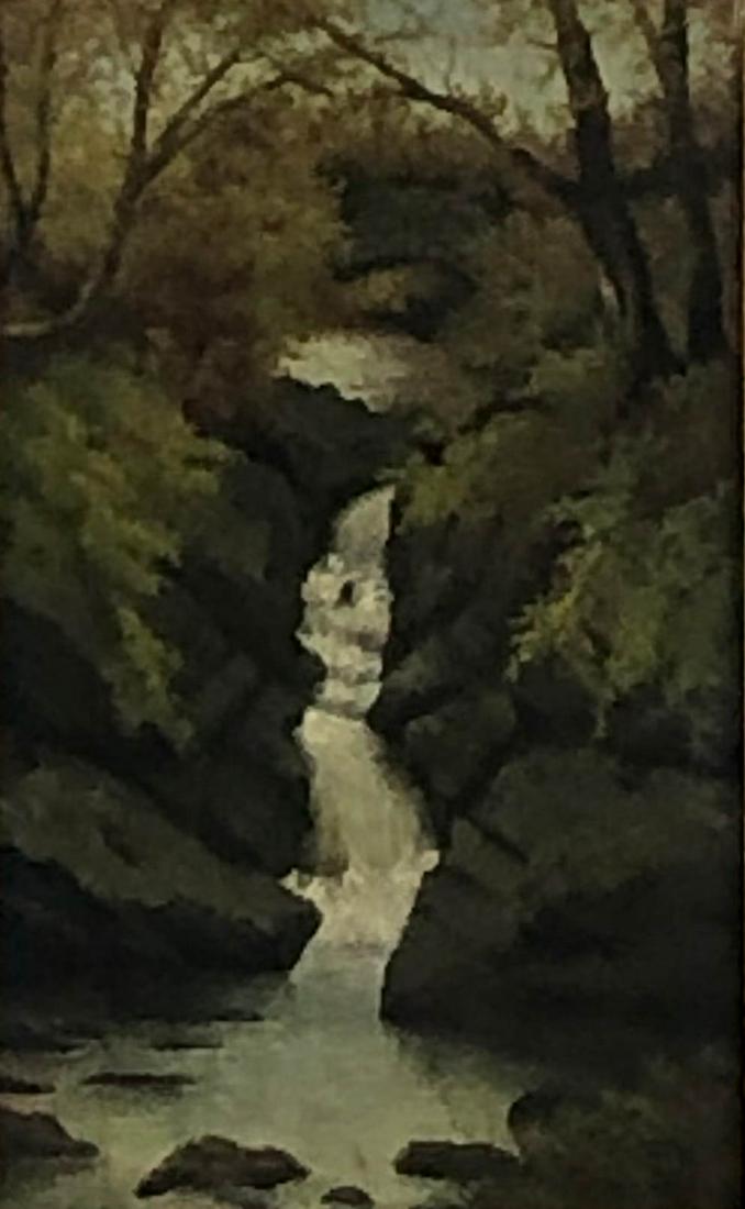 Mystery Artist Waterfall Landscape Oil Painting: Antique oil on canvas framed painting. Depicts a waterfall scene in a wooded style setting, a bridge in the background. Signed ~ black colored printed stamp with the word W.Scha ??? Colorman on verso.