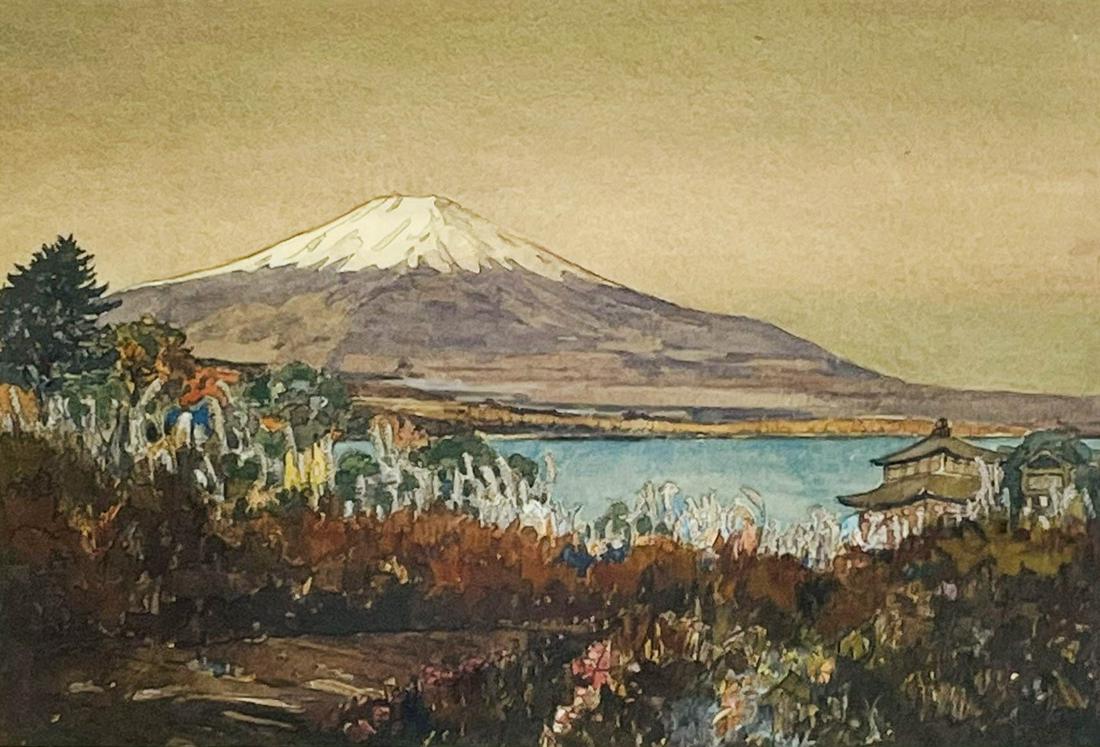 John L Skinner 20C Landscape Watercolor Painting: John L Skinner (American, 20th Century) Watercolor on paper painting. Depicts a rural landscape with snow capped mountain, a lodge structure, and lush vegetation. Signed lower left. Presented in fabri