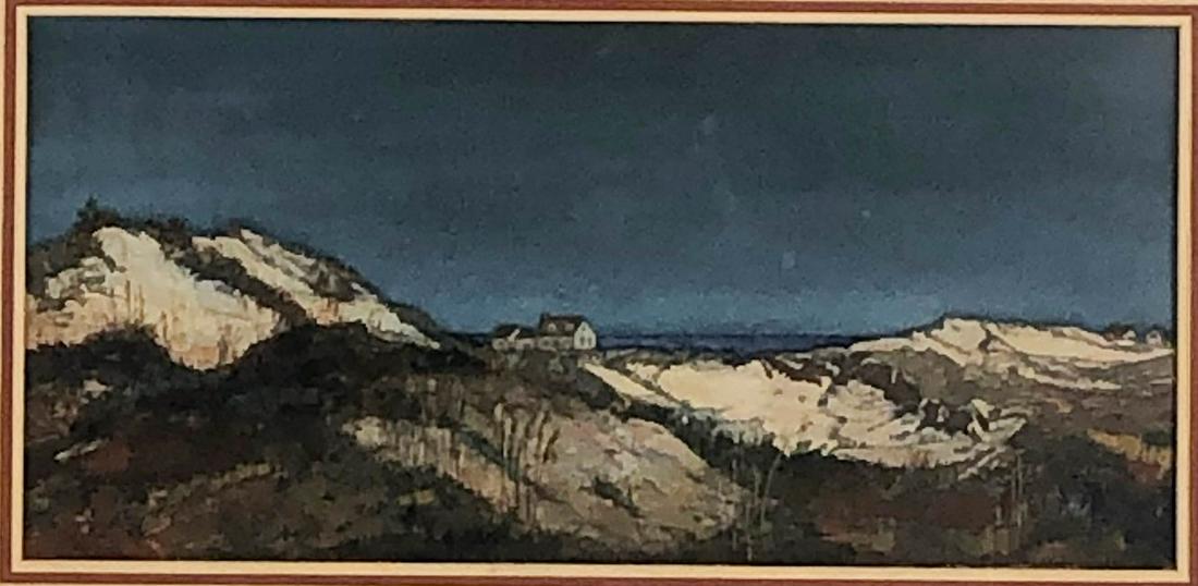 John L Skinner 20C Seaside Landscape Watercolor: John L Skinner (American, 20th Century) Original watercolor on paper painting. Depicts a coastal seascape scene, with sand dunes and white house. Signed lower right. Presented in beige matting and gil