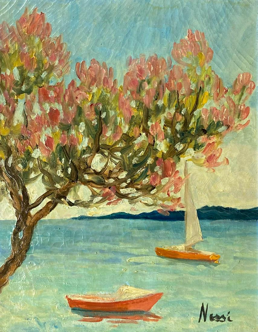 M.L. Nessi Valtat 1910-1992 Landscape Oil Painting: Marie Lucie Nessi-Valtat (French, 1910-1992). Oil painting on canvas. Depicts a seascape with sailboats, in the French Impressionist style. Signed lower right. Bears WALLY FINDLAY GALLERY label on ver
