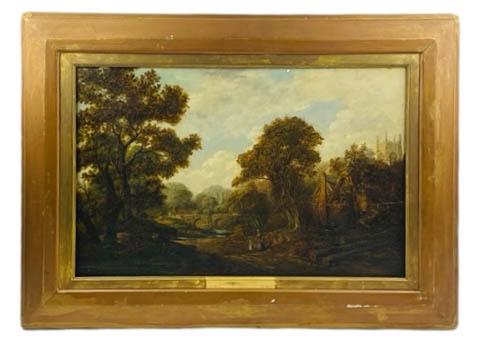 James Stark 1794-1859 English Landscape Painting: Antique original oil on board painting attributed to James Stark (1794-1859 United Kingdom). Depicts an English landscape with cottage and figures. Presented in gold painted frame, with artist name at