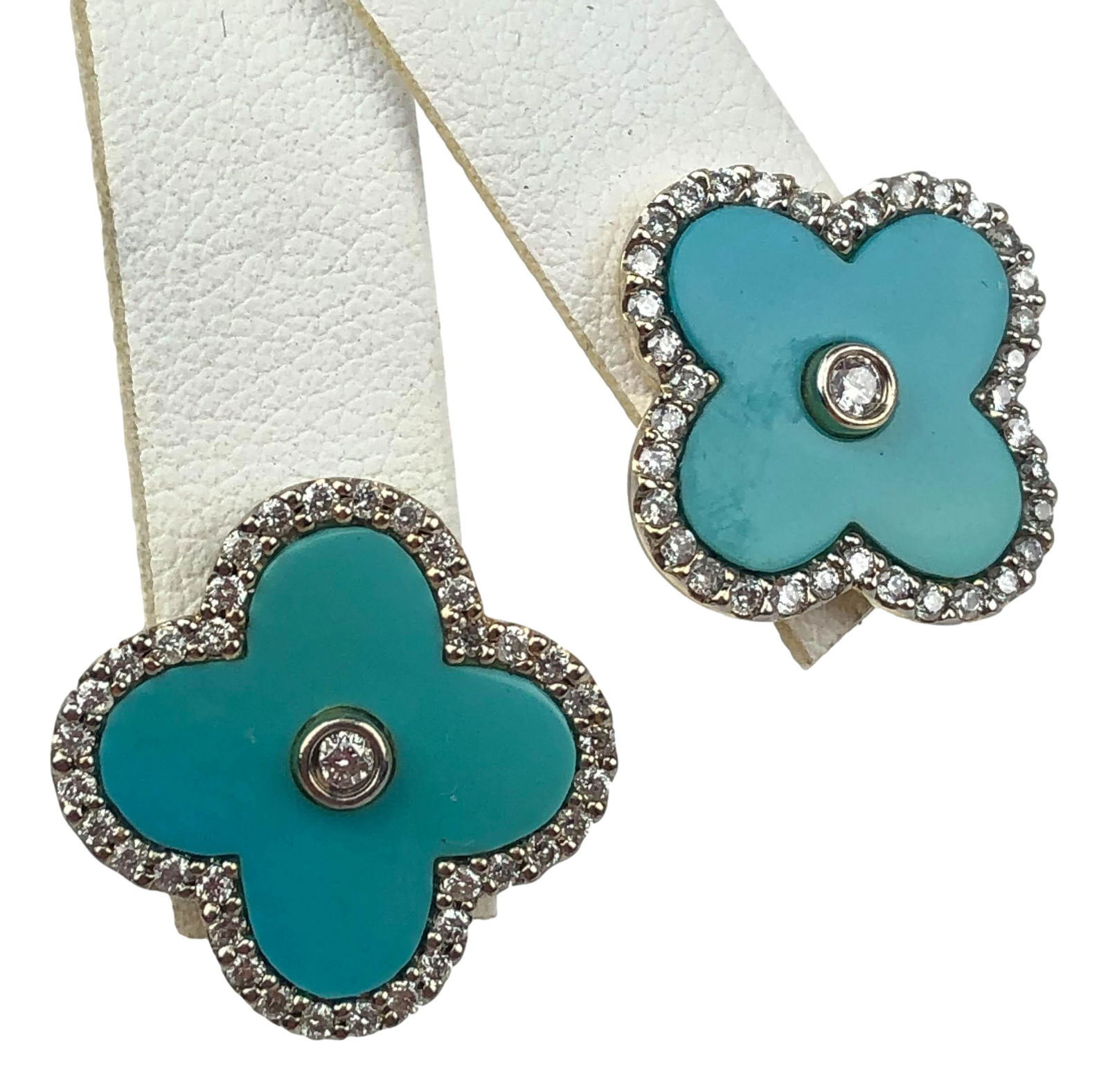 14k Gold Turquoise Diamond Alhambra Style Earrings (1 of 3)