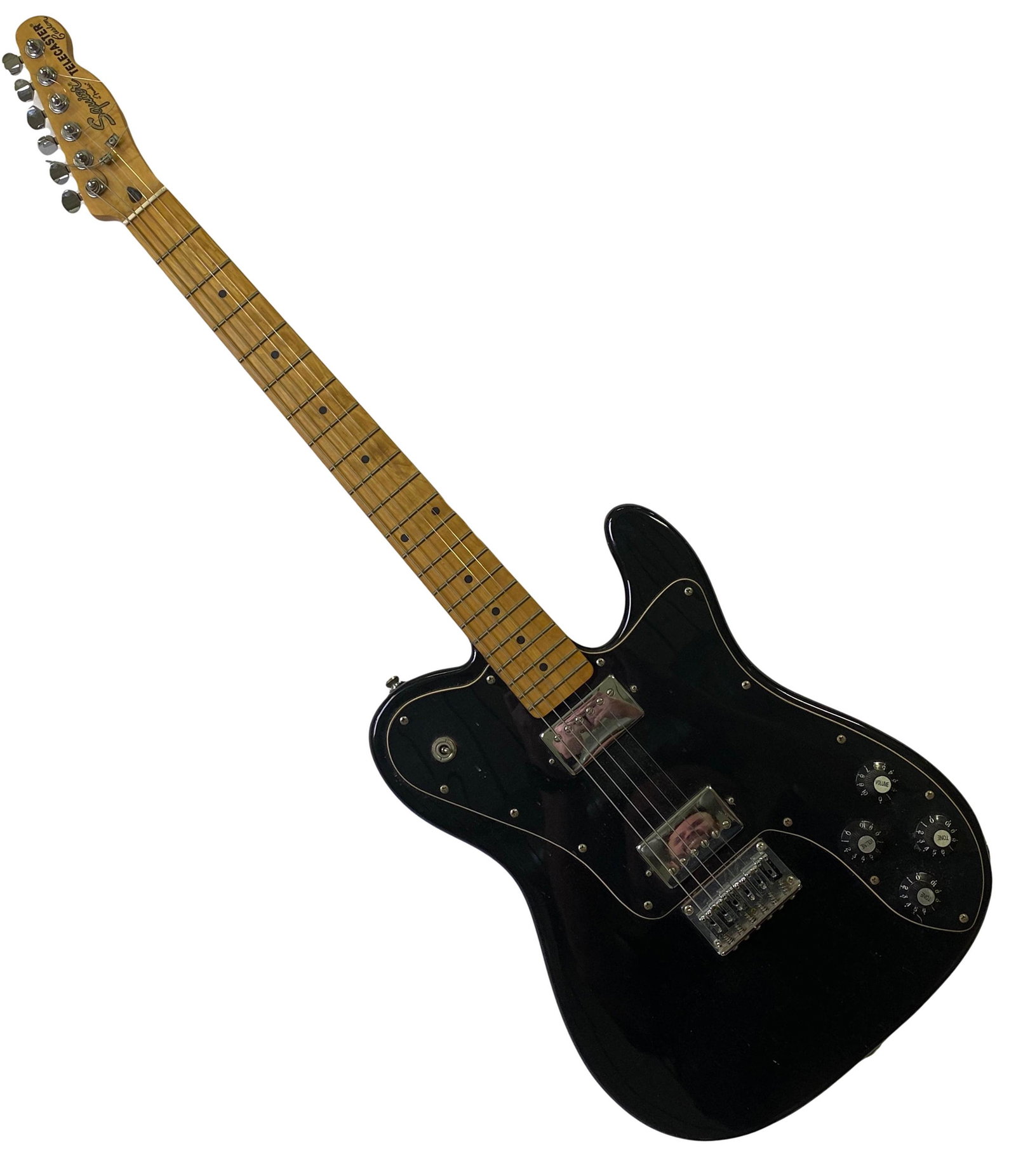 Squier by Fender Telecaster Custom Electric Guitar: A Squier by Fender Telecaster Custom 6 string electric guitar. Serial # IC040930706. Inspired by 1970s Telecasters. Features poplar wood body and maple neck, with 21 fret fingerboard with dot inlays, 