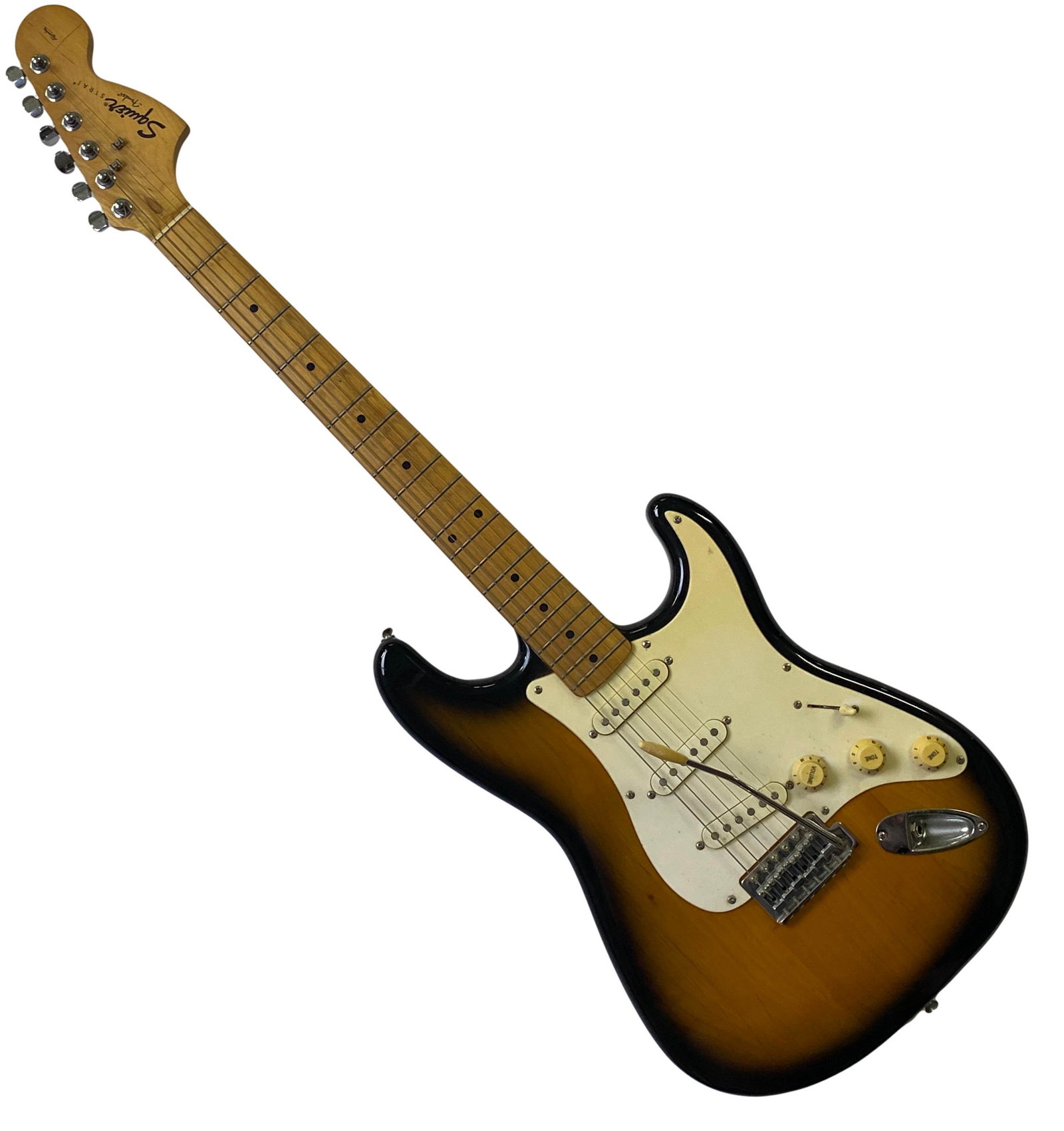 Squier Fender Stratocaster Series Electric Guitar: A Squier Affinity Series Stratocaster electric guitar. Serial # CY03086912. Features thin, lightweight wood body and neck, with 2-point tremolo bridge, sealed die-cast tuning machines with split shaft