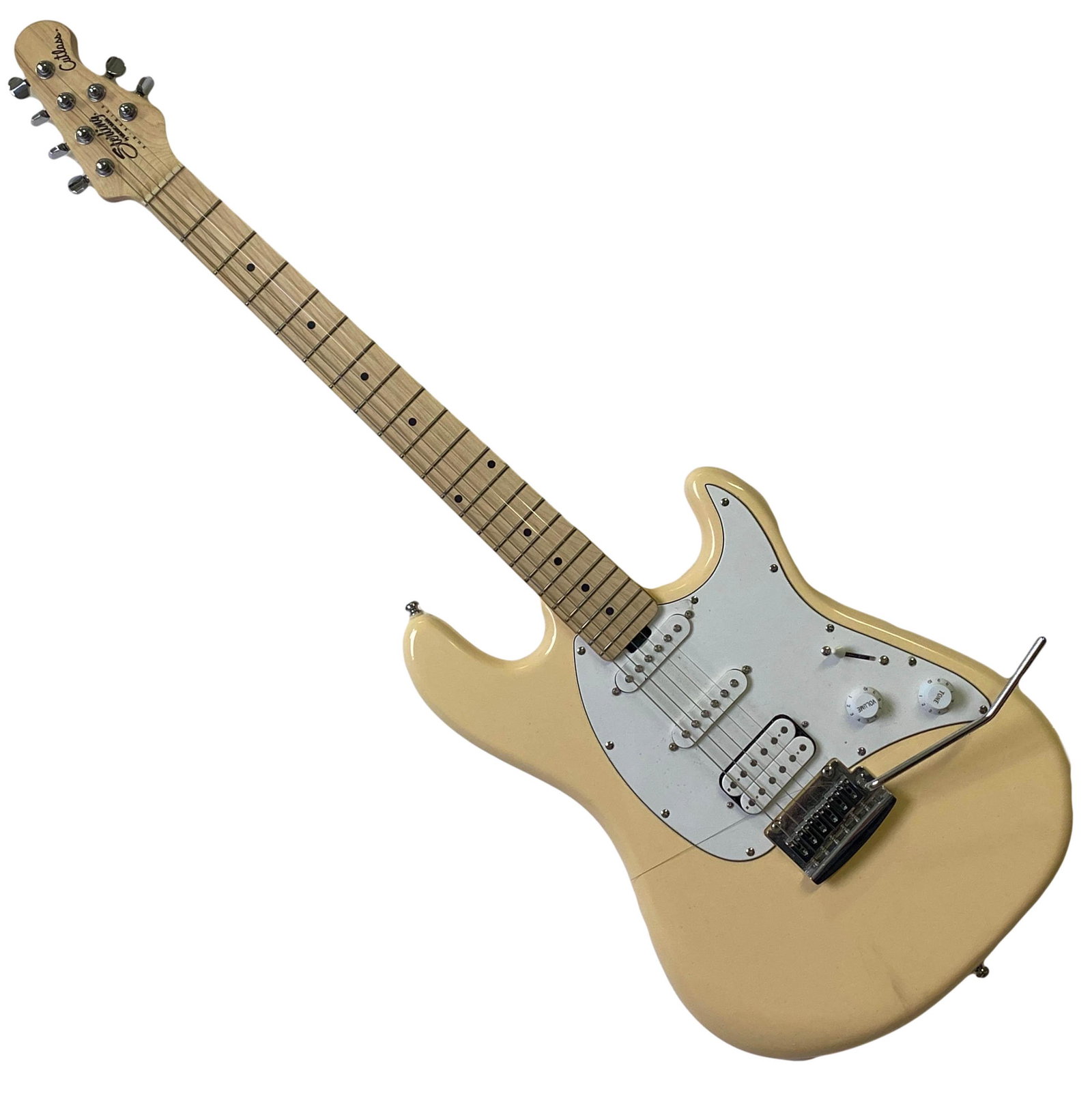 Sterling Music Man Cutlass CT30HSS Electric Guitar: A Sterling by Music Man Cutlass CT30HSS electric guitar. Serial # B106768. Features wood body and neck, with vintage cream color, Fulcrum Tremolo bridge, single action truss rod, volume and tone contr