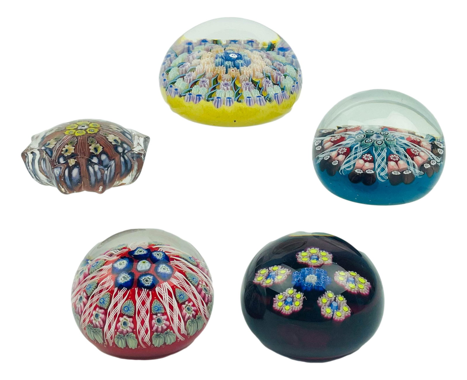 Paperweight Art Glass Estate Collection 5 pc LOT: Includes ~ 2 x Perthshire Scotland paperweights. 2 x Strathern Paperweights. 1 with no apparent markings. All graced with millefiori canes encased in clear molten liquid crystal. Measure from 1 1/4" -