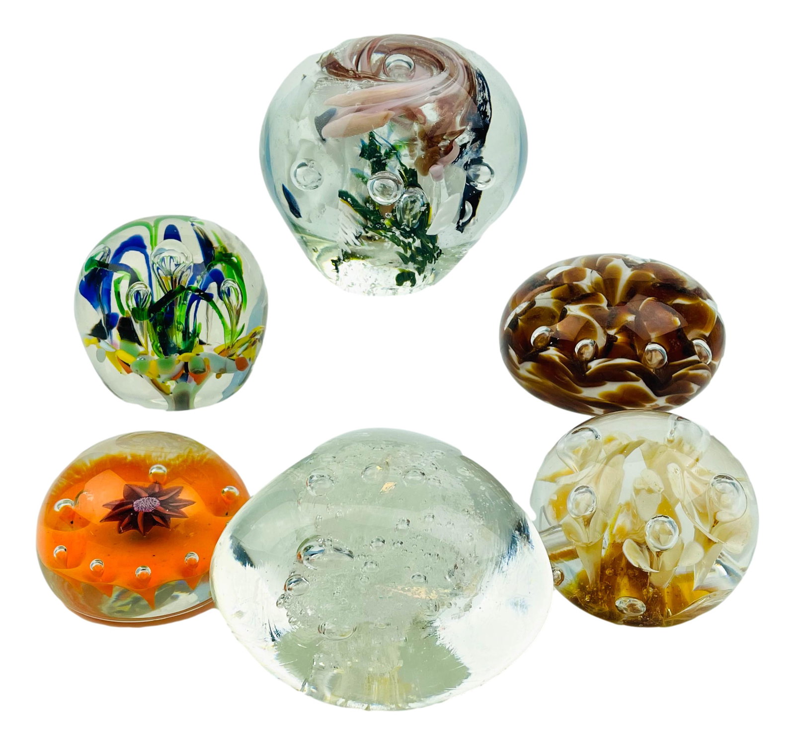 Paperweight Art Glass Estate Collection 6 pc LOT: Includes ~ 1 x Joe St Clair. 1 x Maude & Bob St Clair. 1 x signed Karg. 1 x orange red flower paperweight with the letter H in the cane. 1 x signed mystery artist with the number 429 and 93. 1 with no