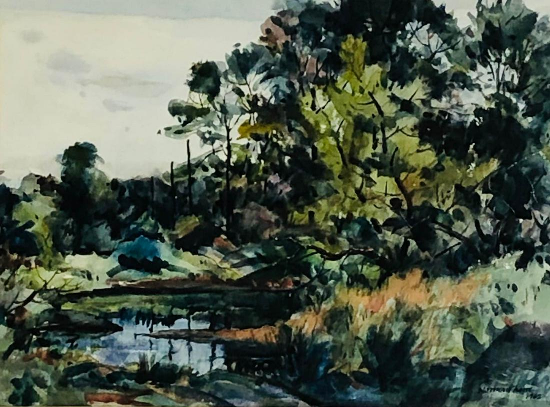 Norman Kent 1903-1972 American Watercolor Painting: Norman Kent (American,1903-1972). Original watercolor painting on paper. Depicting a rural landscape scene with lush green vegetation and a pond. Signed and dated 1962 lower right. Florence Lewison Ne