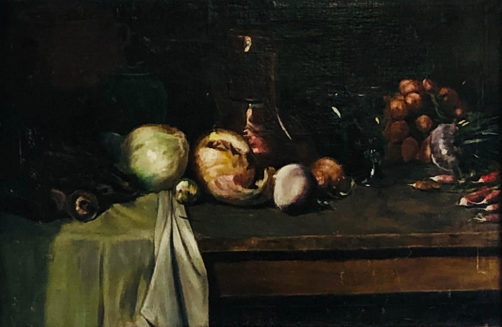 Mystery Artist 19C Vegetable Still Life Painting: Mystery artist antique oil painting on canvas. Depicts a table covered with garden vegetables, a copper pitcher, and other various objects. Presented in etched white wood frame. Work Size: 22 x 34 in.