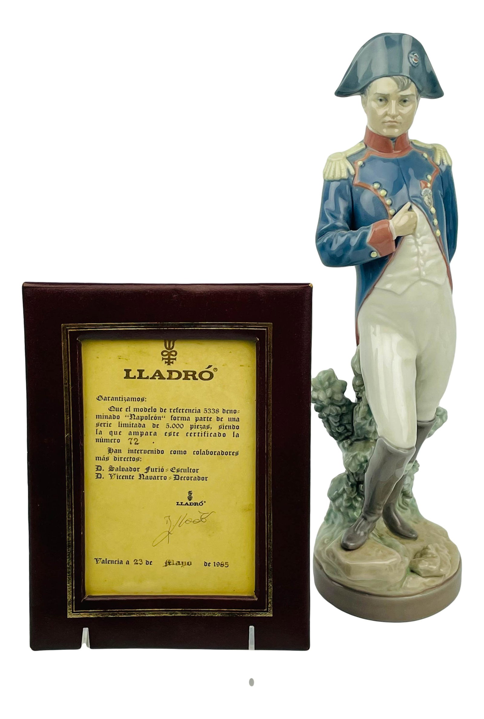 Lladro Napoleon Bonaparte Artist Signed Figurine: Designed by sculptor : Salavdor Furio. Model number 5338. Production Years : 1985 - 994. Finish : Glazed. Signed by the artist / sculptor S. Furio and Vicente Navarro. Stamped with Lladro blue tulip s