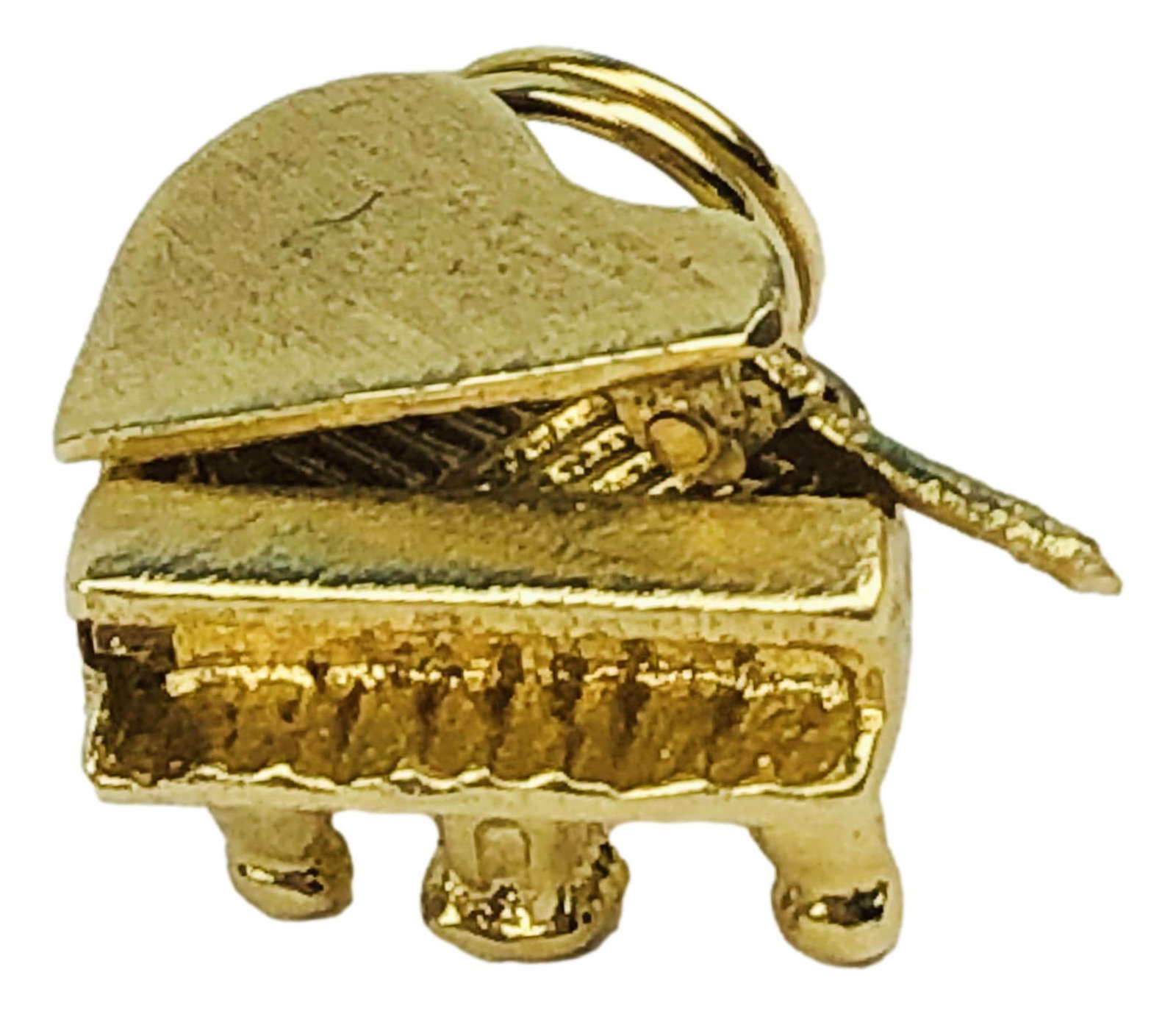 14K Gold Baby Grand Piano Necklace Charm Pendant: 3 dimensional women's jewelry musical instrument with hinged top and mounted atop 4 feet. Measures 1/2" in height without the bale x 1/2" in length. No apparent markings. Tested / tests positive for 1