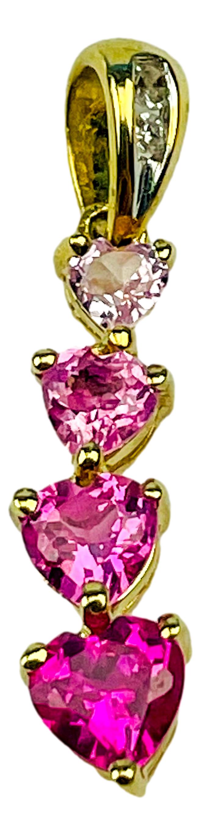 10K Gold Diamond & Pink Sapphire Necklace Pendant: Women's jewelry necklace pendant crafted with 10K yellow gold, diamond and pink Scottish sapphires having CTTW of 1.2. Measures 3/4". Signed ~ stamped 10K. Total weight 1 gram. Condition: Good overall