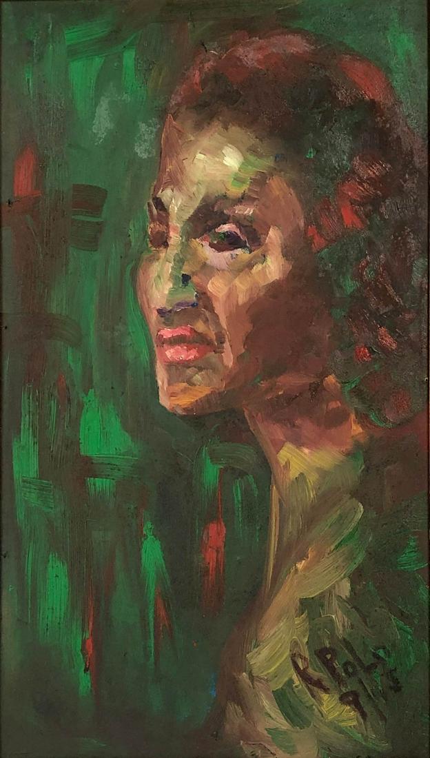 Roberto Polo b1951 Expressionism Portrait Painting: Roberto Polo (Cuban, born 1951). Original oil painting on board. Portrait of a lady's profile in red and green. Backside with partial landscape painting. Artist signature lower right, dated 9/65. This
