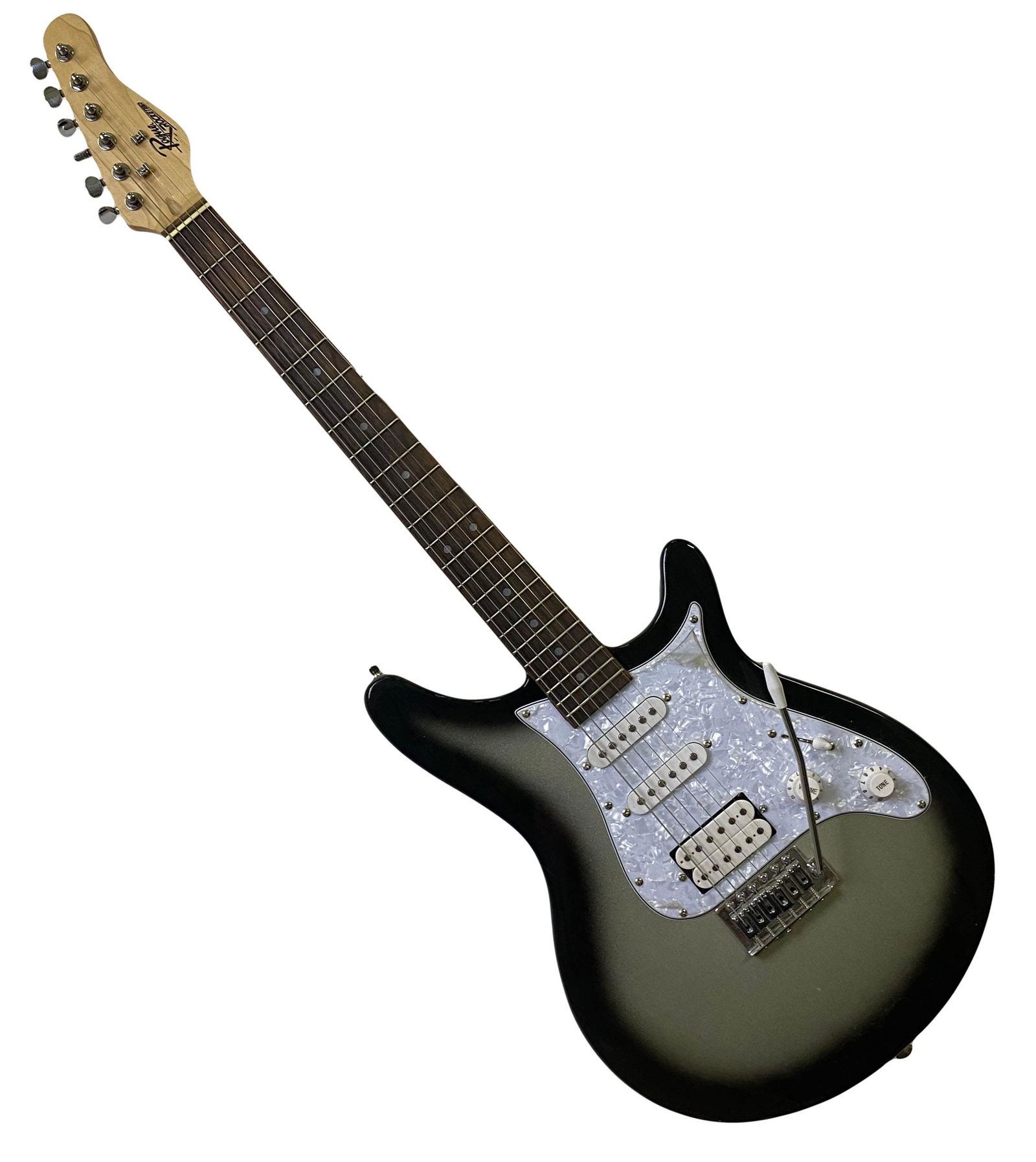 Rogue Rocketeer Deluxe Strat Style Electric Guitar: A Rogue Rocketeer Deluxe electric guitar. Stratocaster style basswood body in gray sunburst finish, with a broad tail end and narrow curvature leading to short, rounded horns. Maple neck, topped with