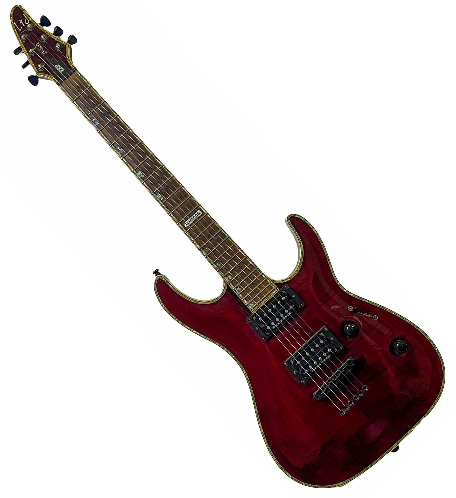 ESP LTD Deluxe H-1000 Cherry Red Electric Guitar: An ESP LTD Deluxe H-1000 electric guitar. Serial # (***). Features See-Thru Black Cherry Red body and 25.5" scale set neck, with teardrop or avocado headstock, rosewood fretboard, abalone binding, and