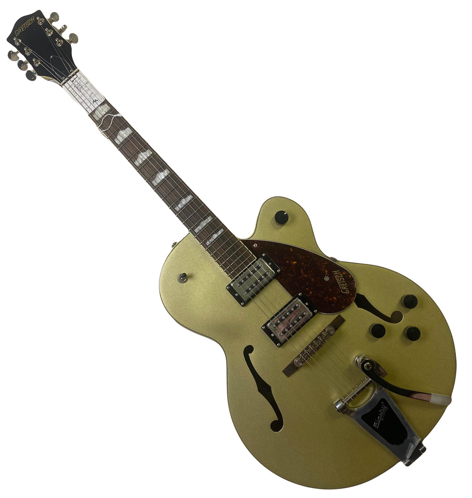 Gretsch G2420T Streamliner Gold Electric Guitar: A Gretsch select edition hollow body six string electric guitar. Serial # IS190502140. Features laminated maple body and neck, with sparkling gold finish, single cutaway, dual humbucking Gretsch BT-2S