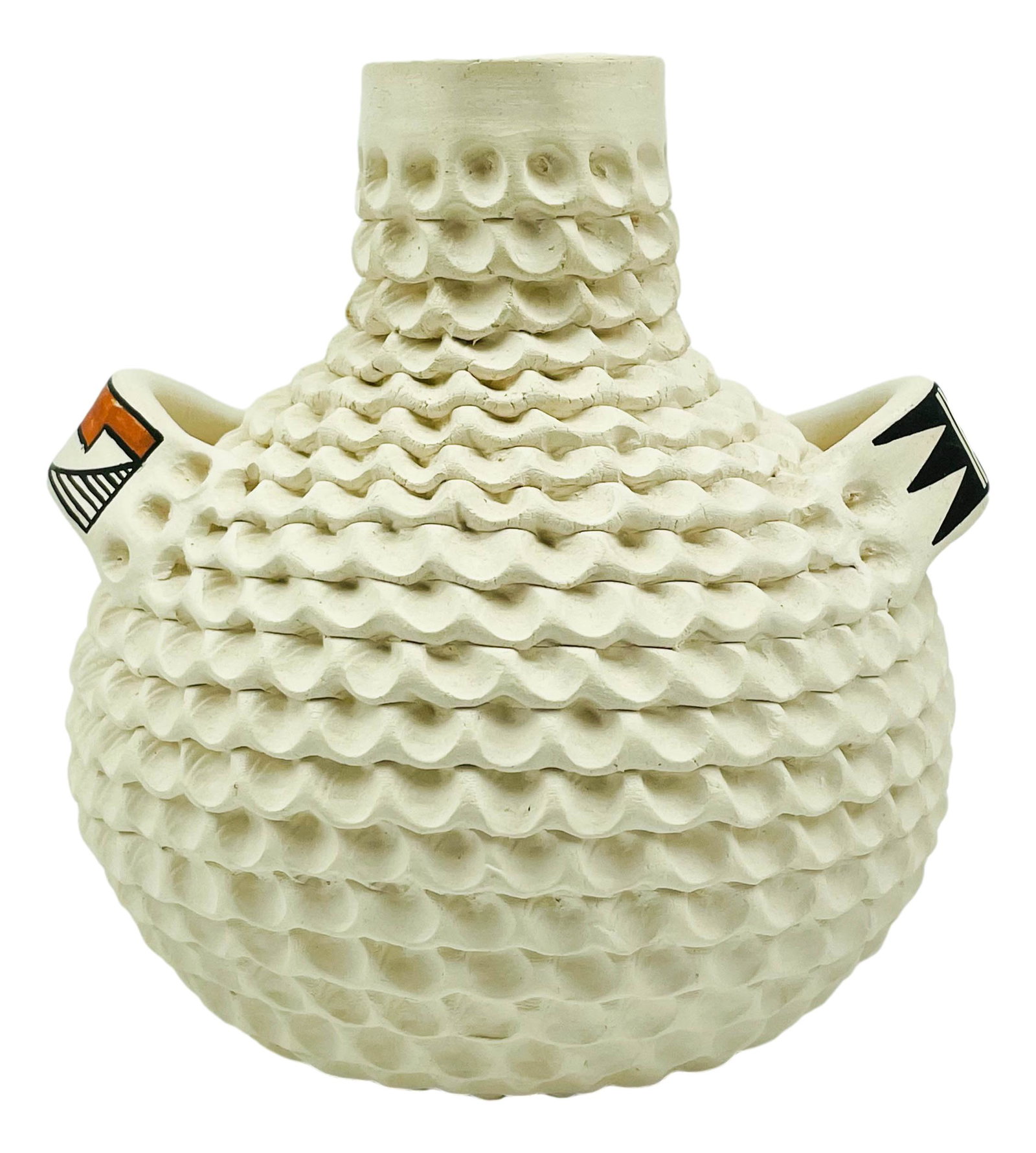 Native American Indian Acoma Pottery Vase SIGNED: Designer / Potter ~ Jackie Shutiva Histia ( Acoma Pueblo, New Mexico born 1961 - ) ~ Native American Indian. Member of the Sun Clan and The Yellow Corn Child Clan. Design features a whiteware hand coi
