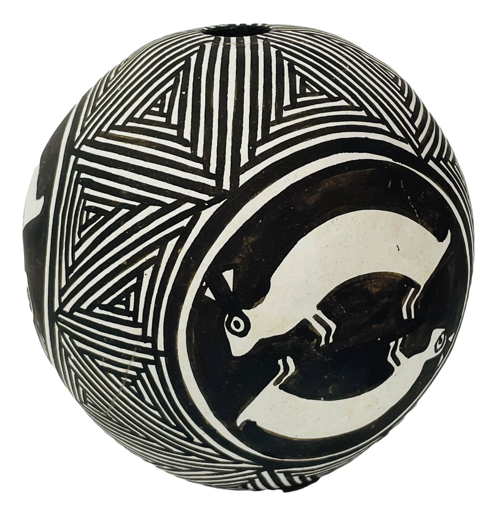 Joyce Leno Native American Acoma Pottery Bud Vase: Native American Indian Acoma Pueblo hand coiled round pottery vase by Joyce Leno Barreras ( New Mexico, 1952 ) ~ daughter of Tom and Juana Leno. Features animal and geometric inspired lined patterns. 