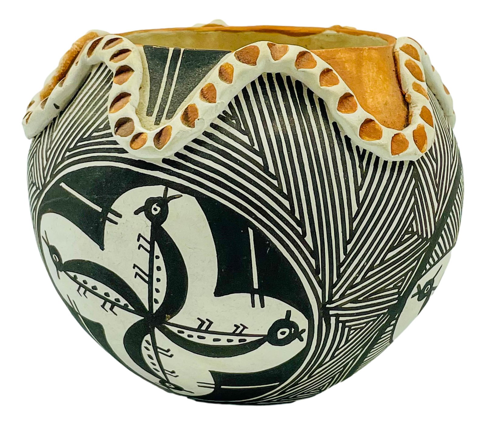 Phyllis Leno Native American Acoma Polochrome Vase: Phyllis Leno ( Acoma Pueblo, New Mexico, born 1943) ~ daughter of the famous matriarch Juana Leno. Design features a raised coiled serpent around the mouth with matching hand painted decorations aroun
