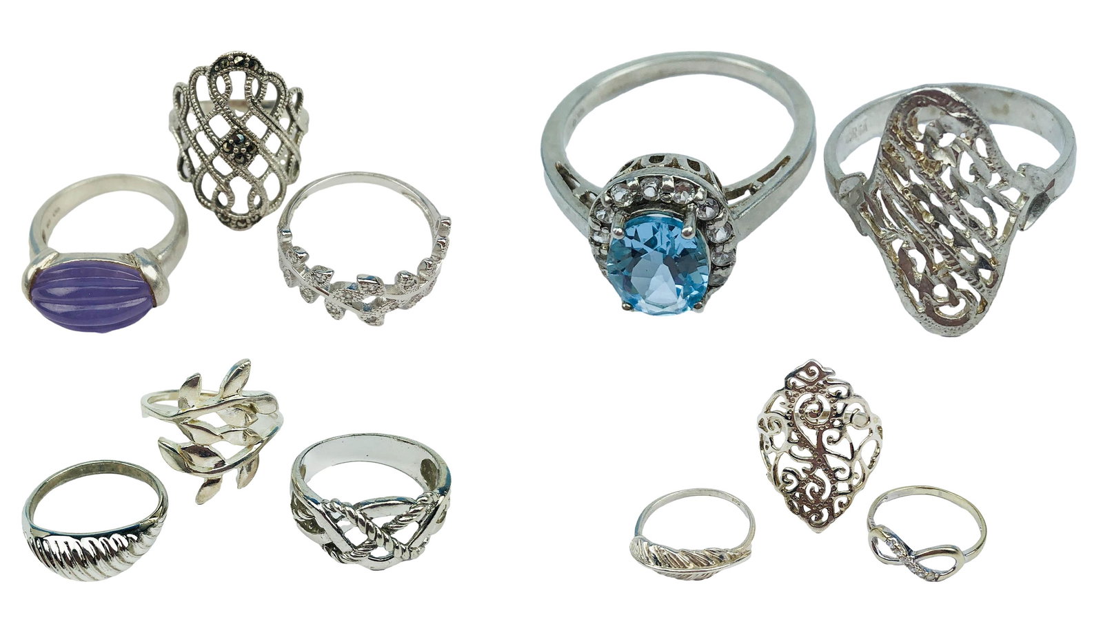 Sterling Silver 925 Gemstone Estate Ring 11 pc LOT: Includes ~ 9 rings with pierced designs with none having any stones, 2 with gemstones. Ring size from 3.5 - 8. Signed ~ stamped 925. Total combined weight 29.7 grams. Condition: Good overall condition