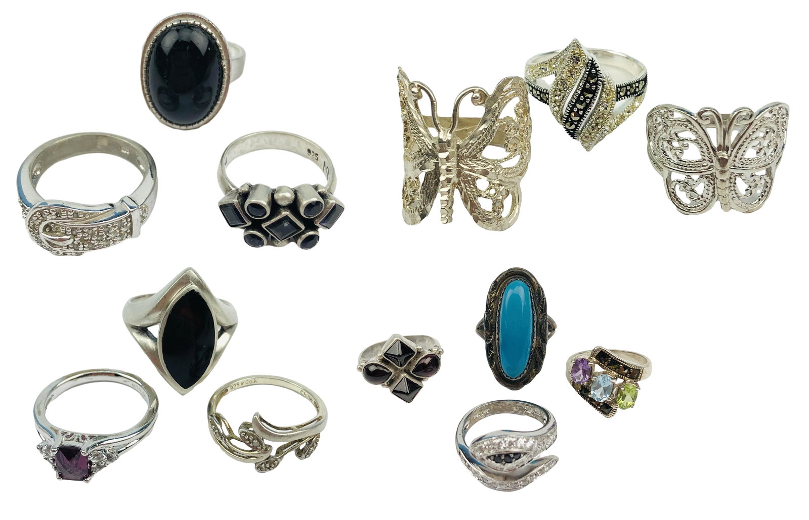 Sterling Silver 925 Gemstone Estate Ring 13 pc LOT: Includes a total of 13 sterling silver 925 rings. Some feature Semi Precious hardstones. Ring size measure from 6 to 8. Signed ~ stamped 925 on most with 2 stamped sterling. One with no apparent marki