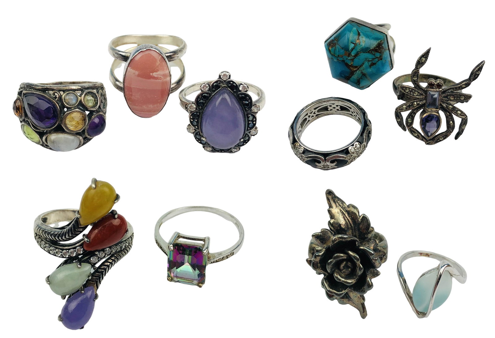 Sterling Silver 925 Gemstone Estate Ring 10 pc LOT: Includes a total of 10 sterling silver 925 rings. 8 of the 10 feature Semi Precious hardstones, one with enamel accents, one with a 3 dimensional rose design. Ring size measure from 8 to 10. Signed ~ 