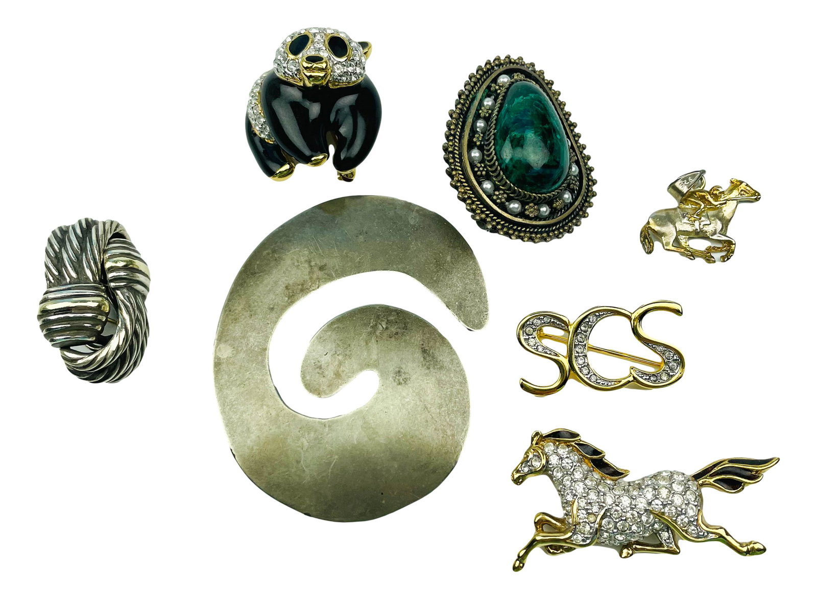 David Yurman Pair Sterling Silver Earrings & MORE: Includes ~ Pair of sterling silver 925 cable twist David Yurman pierced earrings. 2 x A&S (Attwood & Sawyer) rhinestone goldtone and enamel panda bear and gold tone horse brooch pins. Swarovski SCS pi