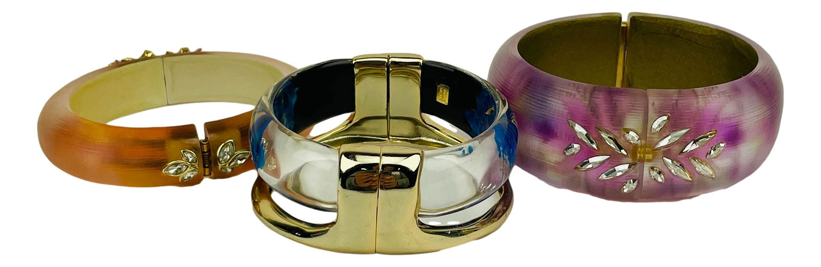 Alexis Bittar Lucite Bejeweled Hinged Bracelet x 3: Alexis Bittar ( American, 1968 ). Costume Jewelry Designer and CEO of the eponymous jewelry and lifestyle brand. 2 of the 3 bracelets graced with sparkling rhinestones. One graced with an internal cas