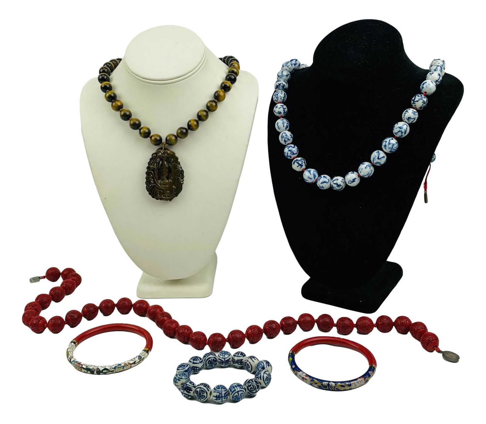 Tiger Eye Cinnabar Porcelain Necklace Bangle LOT (1 of 6)