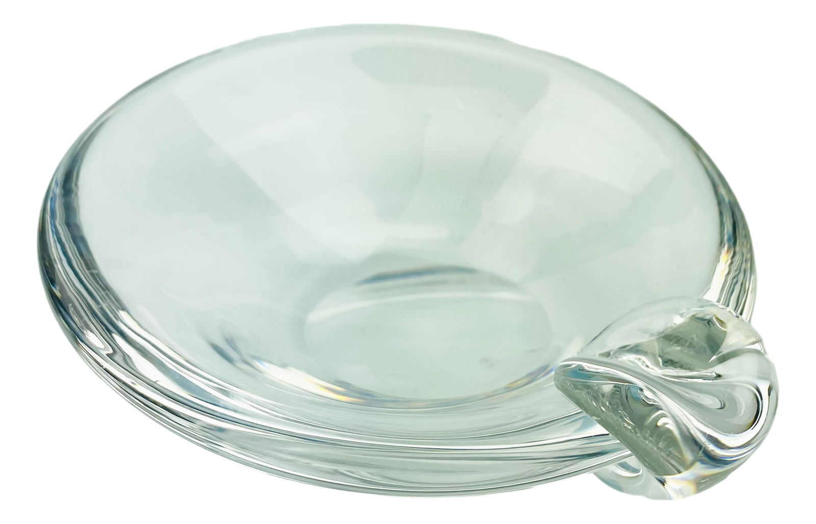 Steuben Crystal Mid Century Sloped Art Glass Bowl: Designed by David Hills for Steuben crystal. Circa 1950's. Simple organic inspired form with sloped design and having applied lip rest on one side. Smooth mirror polished finish. Measures 2" x 5 1/2"