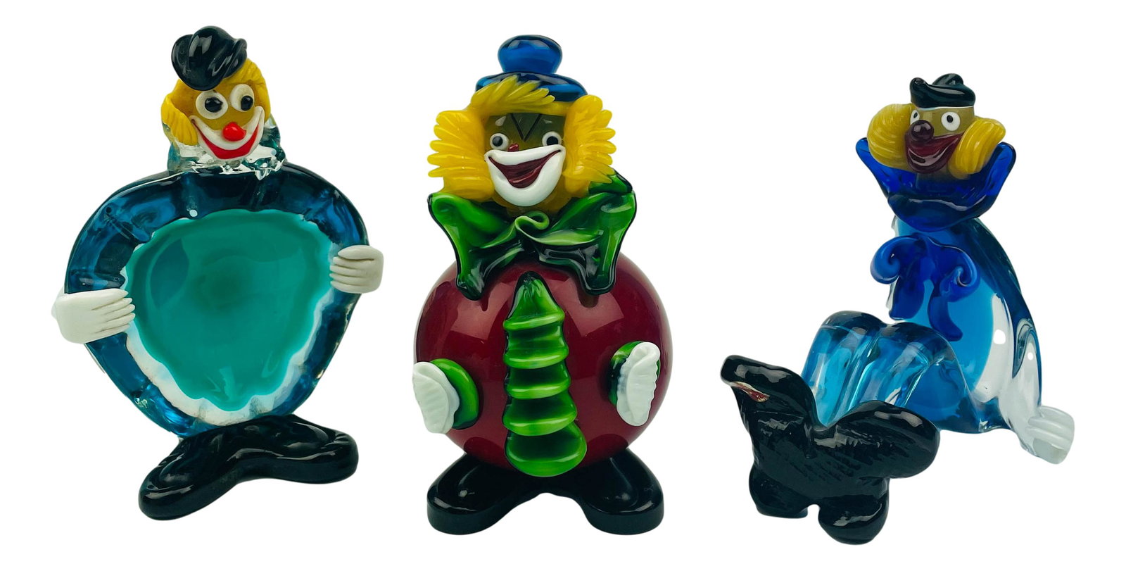Murano Carnival Clown Art Glass Figurine 3pc LOT: Mid century modern studio hand blown Italian art glass carnival circus clown figurines. All with exaggerated applied accents and happy smiley faces. Measure from 3 1/4" - 7". Signed ~ gold foil sticke