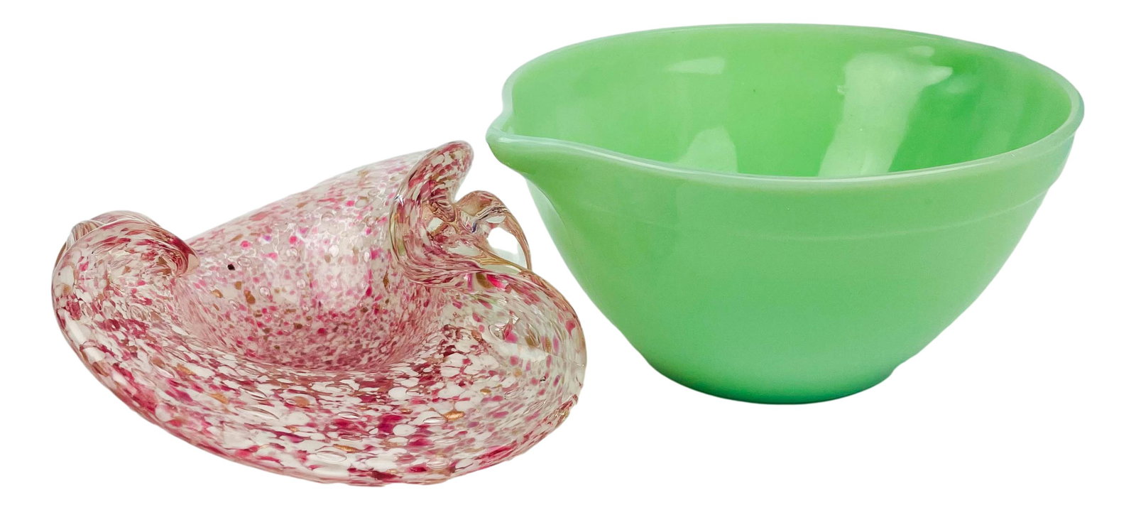 Fire King Jadeite Batter Mixing Murano Glass Bowl: Includes ~ 1 x Fire King Jadeite Green Mixing Batter Bowl with D shaped handle and pouring spout on opposite side. 1 x internally cased pink white spatterware ruffled dish bowl. Measure from 3 1/8" -