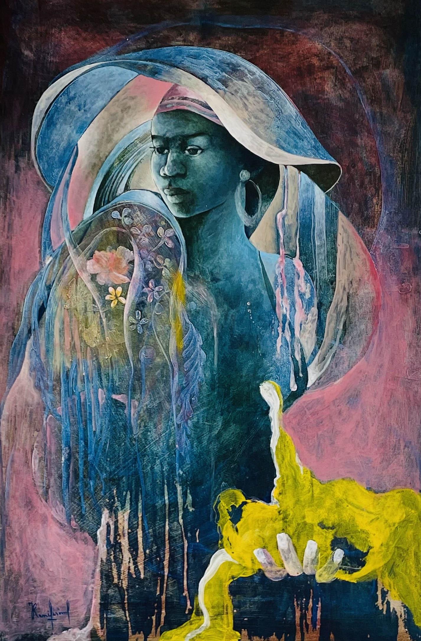 Mystery Artist Haitian Figural Portrait Painting: Subject matter features the portrait of a striking stylish young woman wearing a hat and cape, a far away look in her eyes. Signed lower right. Retains it;s gallery label on verso. Work Size: 29.5 x 2
