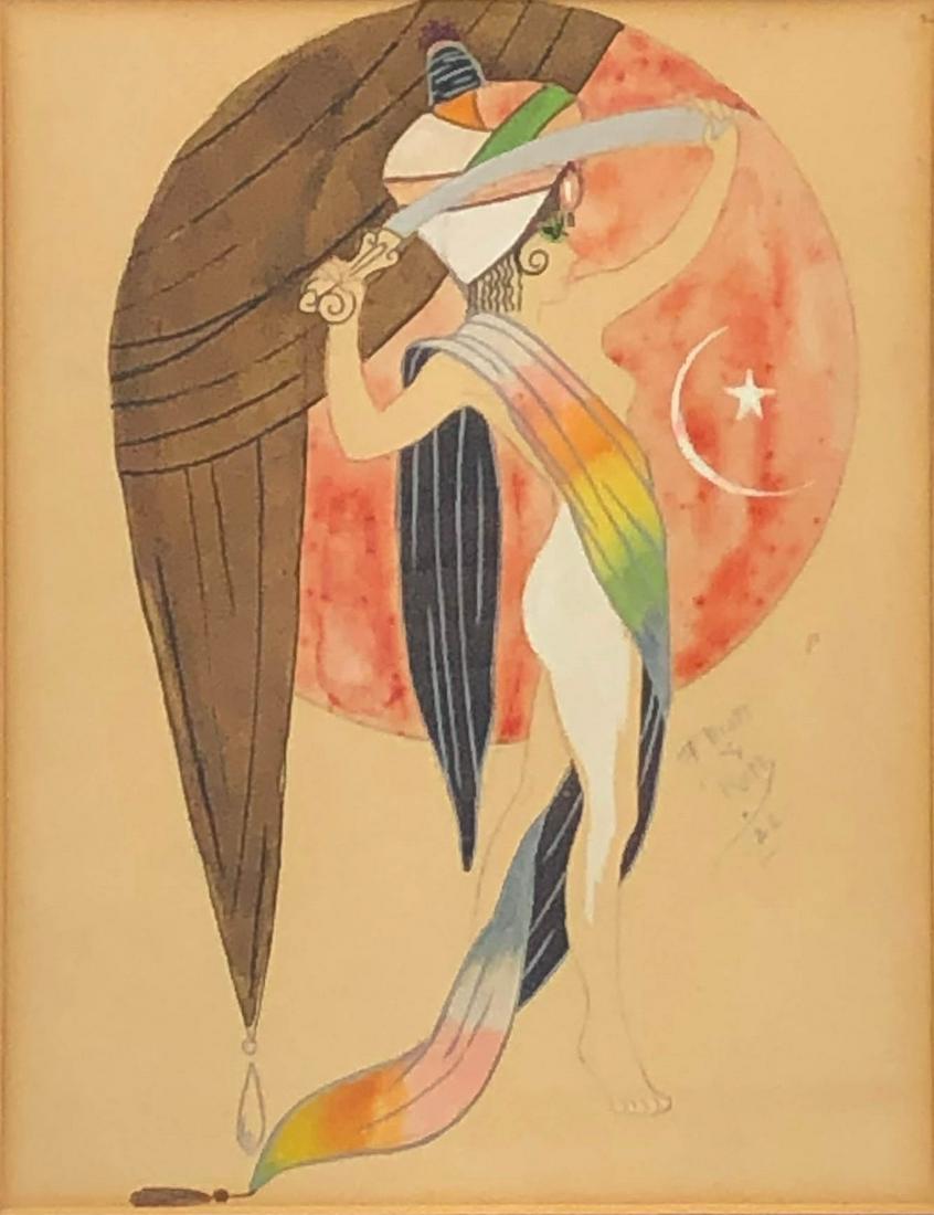 Elliott Roth 20C Deco Orientalist Painting SIGNED: Elliott Roth (American, 20th Century). Original mixed media painting on paper. A figural composition with watercolor featuring a central semi nude dancer, with Orientalist imagery, a sword, and star w