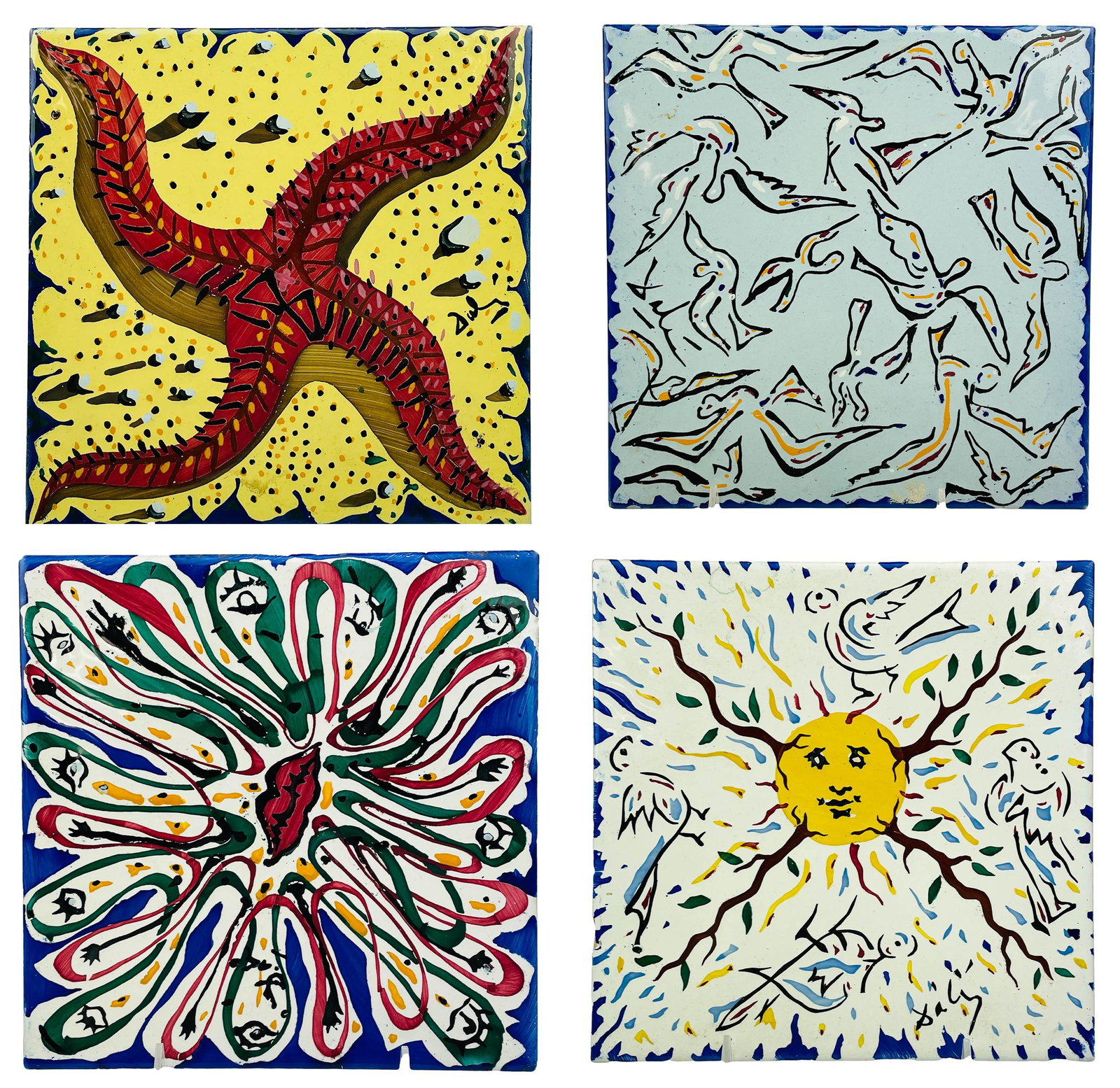 Salvador Dali Les Flettes Maurice Duchin 4pc Tiles: Set of four ceramic tiles designed by Salvador Dali (1904-1989 Spain / France). From the Les Flettes collection. Each with a different design in vibrant colors. Back marked Maurice Duchin the Minister