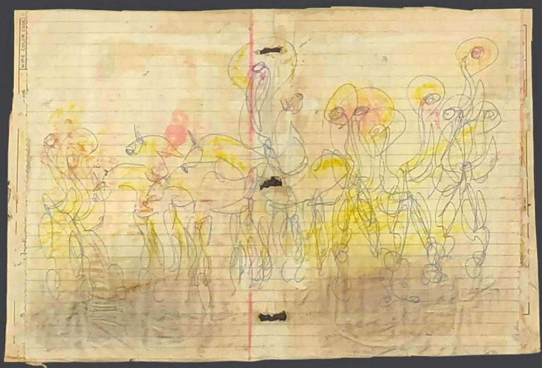 Purvis Young 1943-2010 American Outsider Folk Art: Purvis Young (American, 1943-2010). Outsider art ink drawing on found paper. Apparently unsigned. Gallery label on verso. Presented in black frame. Work Size: 11 x 16.5 in. Dimensions: 18.75 X 22.75