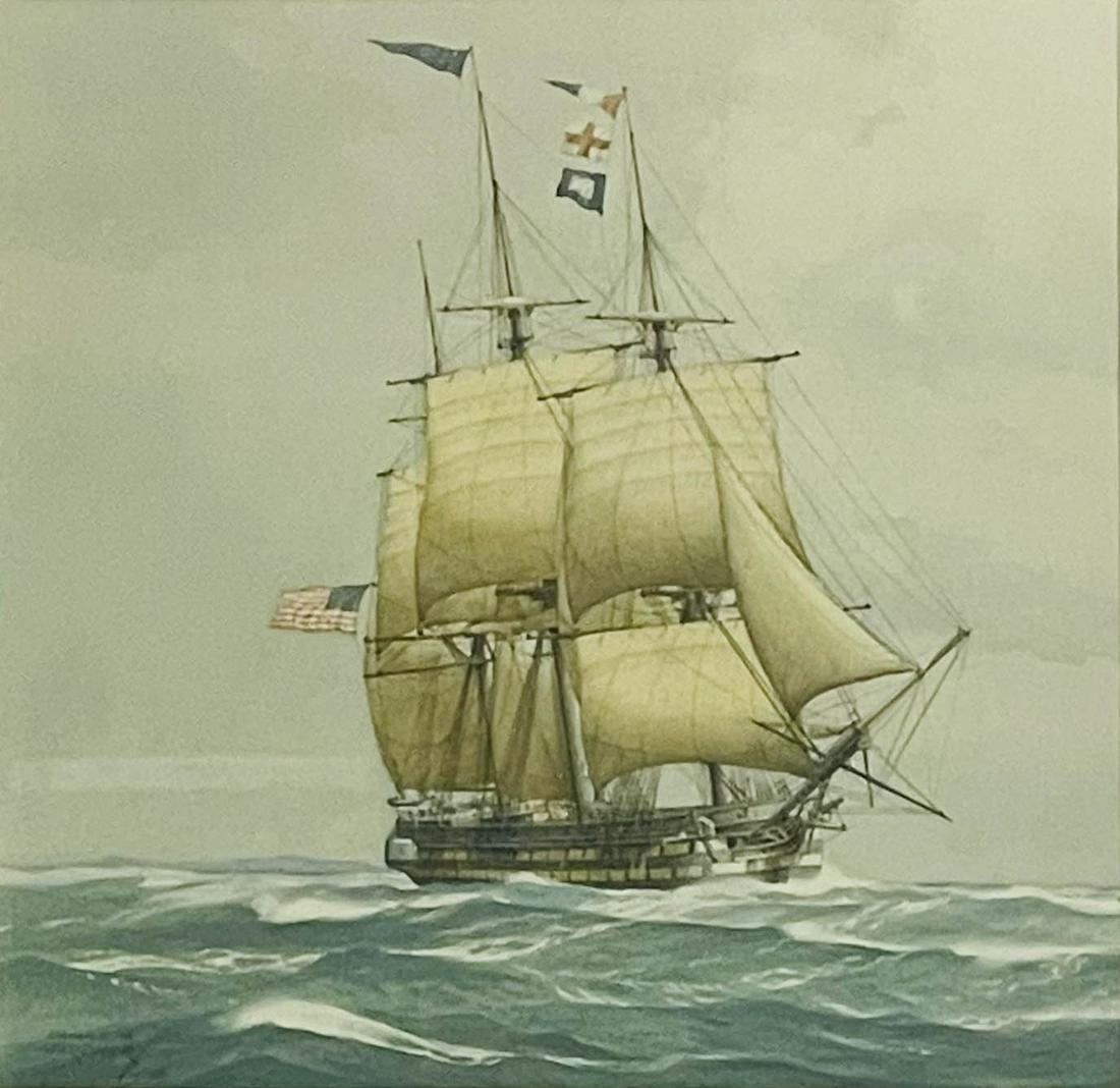 Derek George Montague Gardner Gun Ship Watercolor: Derek George Montague Gardner (Scottish,1914-2007) Watercolor painting on paper. nautical maritime theme, titled "The 74 Gun Ship of the Columbus (Commodore Bainbridge) April 1820". Depicts the tall s
