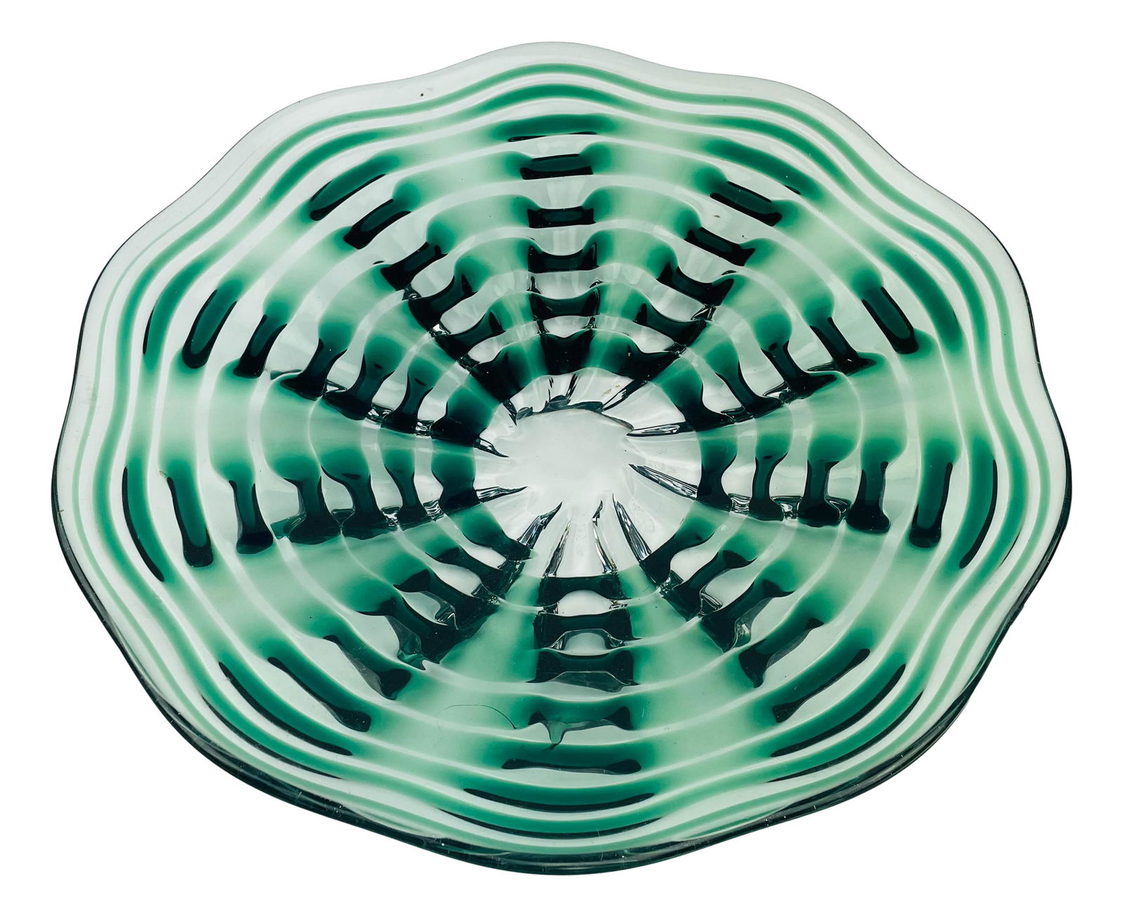 Mid Century Studio Blown 14 3/4" Glass Center Bowl: Solid and heavy studio hand blown art glass centerpiece center bowl. Graced with an emerald colored graduated wave / scalloped pattern around the body, against a clear colorless ground. Measures 14 3/