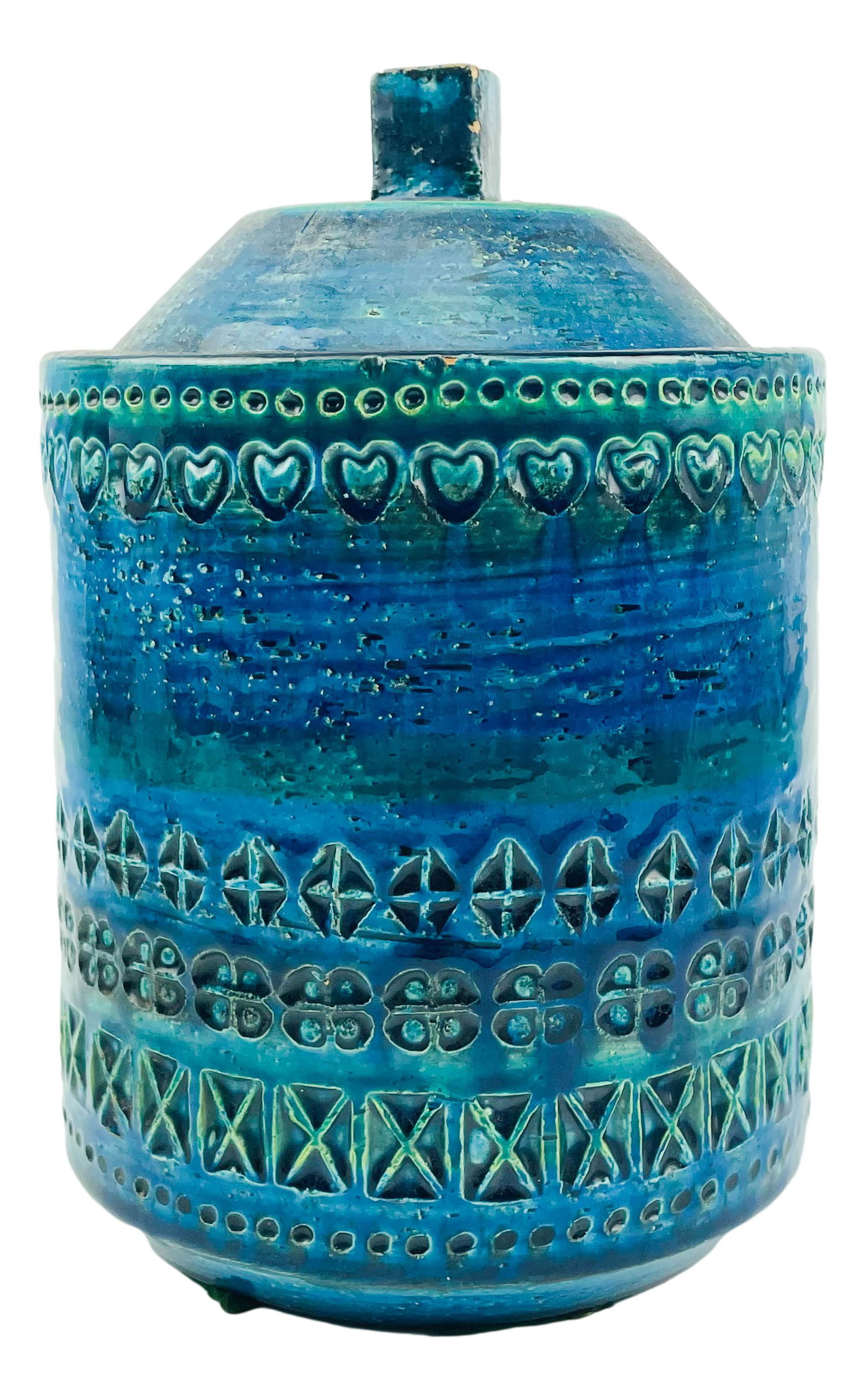 Aldo Londi for Bitossi Rimini Blue MCM Jar C 1960: Aldo Londi (Italian, 1911-2003). Rimini blue pottery jar designed and distributed for Bitossi. Mid century modern container dates to 1960. Documented piece of pottery by Londi. No apparent signature.D