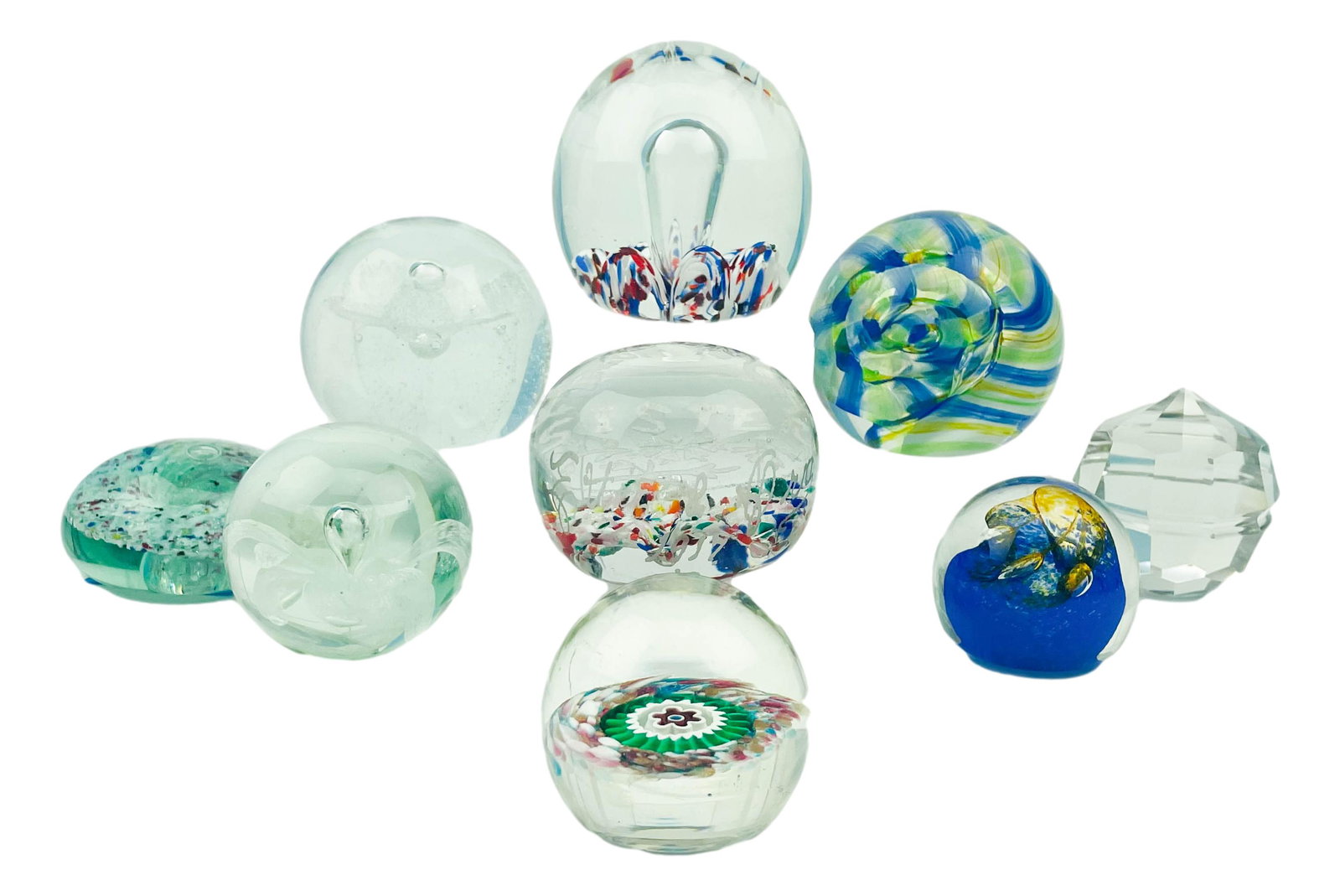 Paperweight Art Glass Estate Collection 9 pc LOT: Includes ~ 3 x Caithness Scotland. 1 reads the words "From Your Sister" encased above a confetti ground. The remainder 5 with no apparent markings. Measure from 2" - 3 1/2". Signed / stamped as stated
