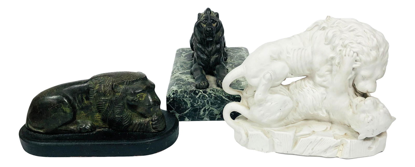Collection Bronze & Ceramic Lion Sculpture 3pc LOT: Includes ~ 1 x bronze resting lion on a stepped pressed wood base. 1 x seated bronze lion on a rectangular green veined marble base. 1 x white bisque lion and tiger in combat. Measures from 3 1/2" - 6