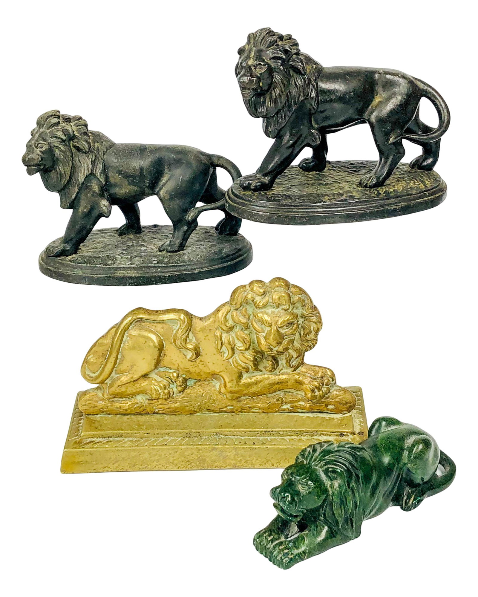 Estate Collection Lion Sculpture Figurine 4 pc LOT: Includes ~ 2 identical spelter / white metal lions on oval bases. 1 x bronze flat back seated lion on stepped rectangular base. 1 x green hardstone reclining lion. Measures 2" - 4" x 5 1/4" - 7". No a