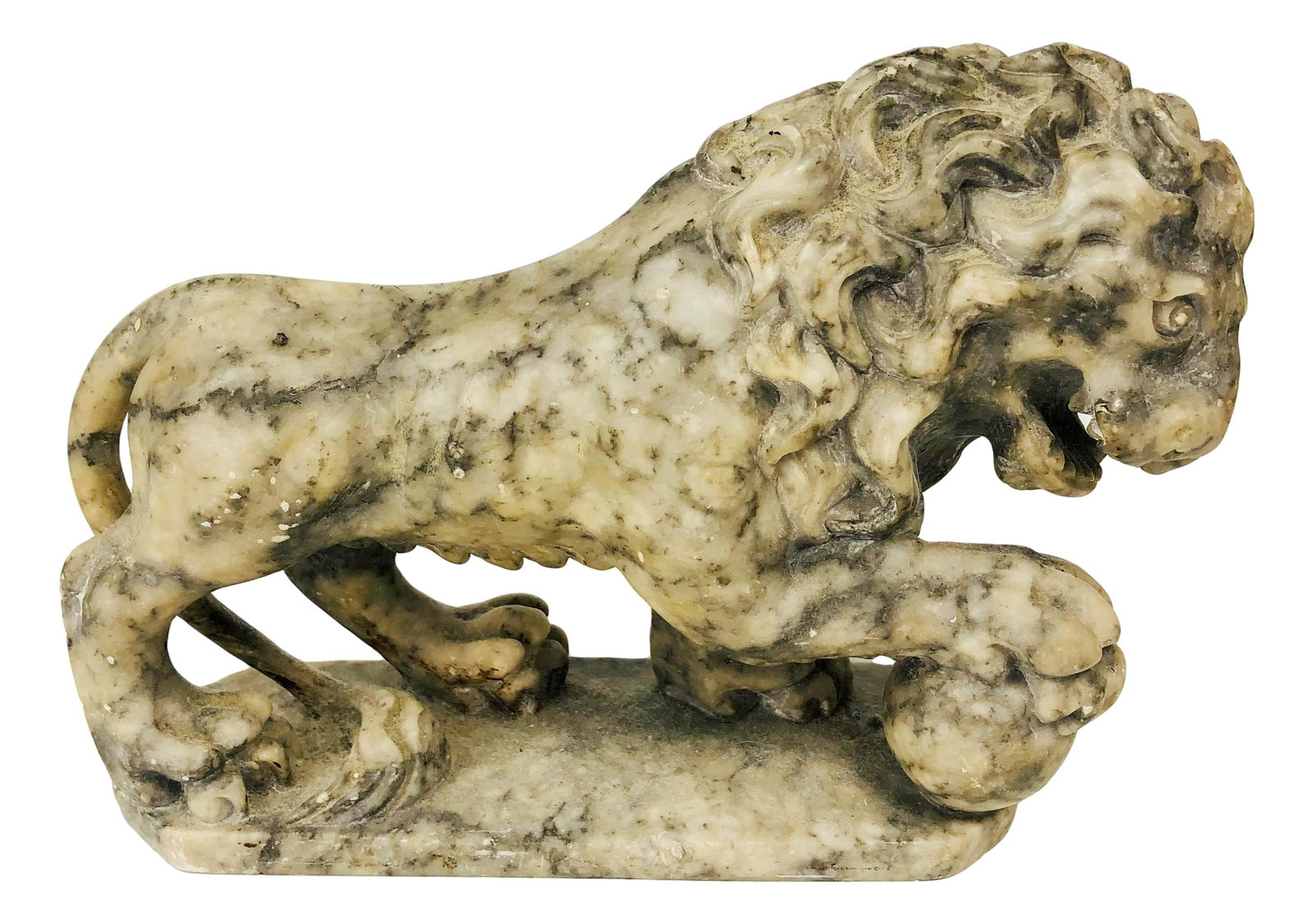 Italian Carved Alabaster Lion Ball Stone Sculpture: 20th century hand carved alabaster lion with ball sculpture. Mounted atop a octagonal matching hardstone base. One of a kind (OOAK) color variations nd design patterns in the hardstone. No apparent ma
