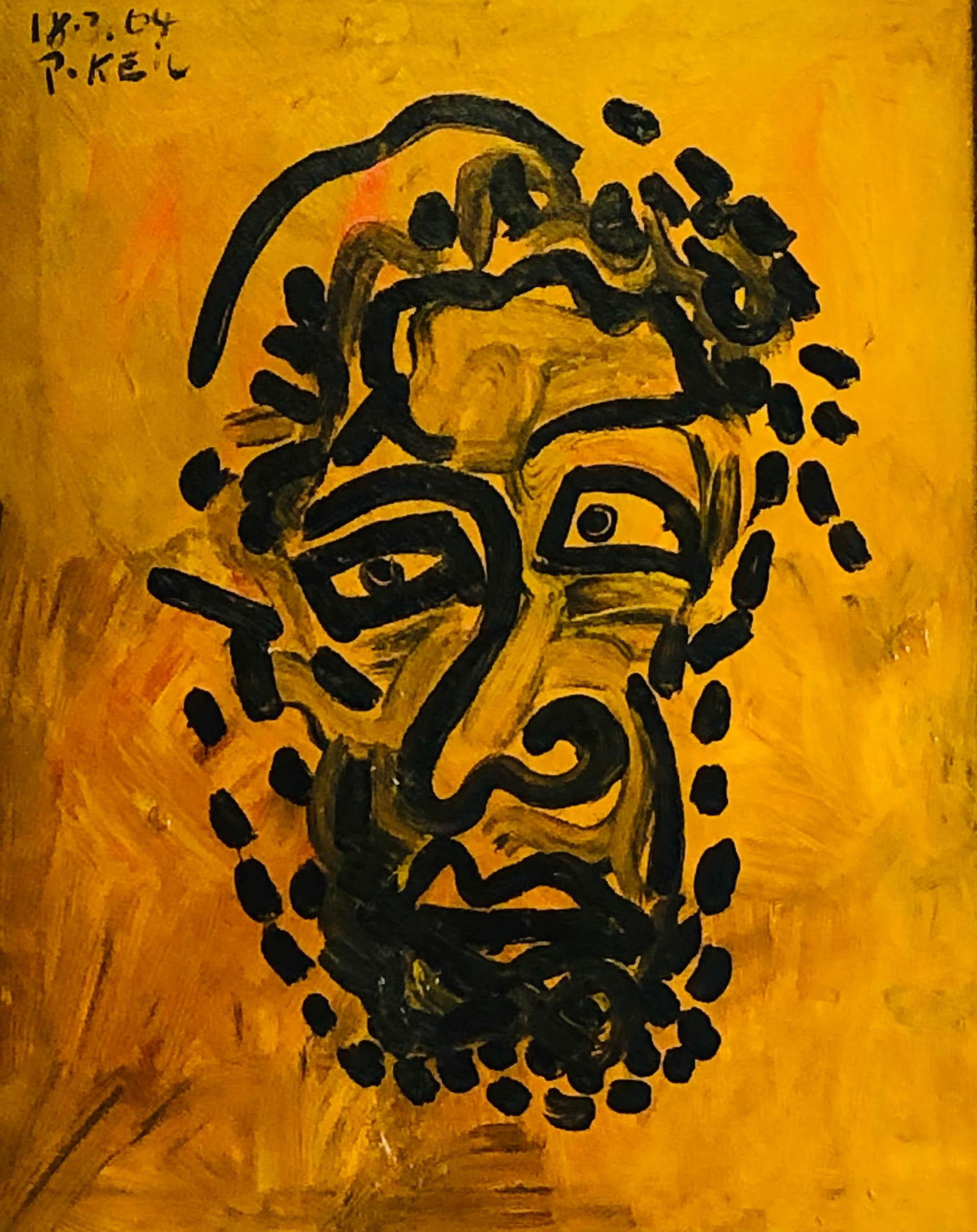 Peter Keil b.1942 Expressionist Portrait Painting: Peter Keil (German, born 1942). Expressionist oil painting on canvas, titled "Zeus." An abstract portrait of the King of the Greek Olympian Gods. Artist signed and dated upper left 18-3-64 P. KEIL. Ti