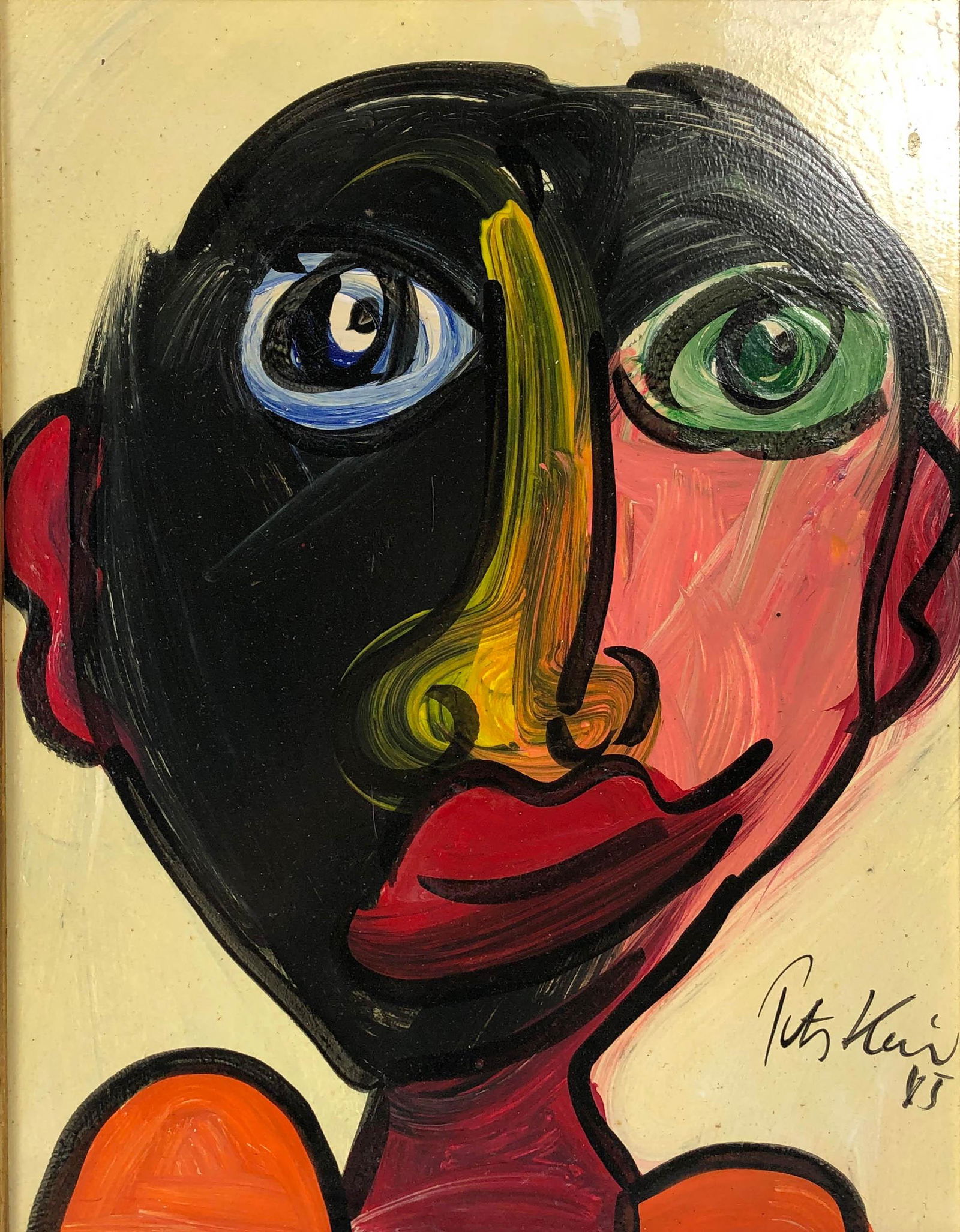 Peter Keil b.1942 Expressionist Picasso Painting: Peter Keil (German, born 1942). Expressionist oil painting on board, titled "My Friend Picasso." An abstract portrait of Pablo Picasso. Presented in a Modern frame with red felt facade. Artist signed