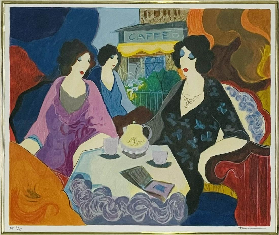 Itzchak Tarkay Modern Post Impressionism Serigraph: Itzchak Isaac Tarkay (Serbian Israeli, 1935-2012). Signed Post Impressionist Artist Proof serigraph. Titled Feature multiple female figures in cafe setting. Numbered to lower left EA (Epreuve d'Artist