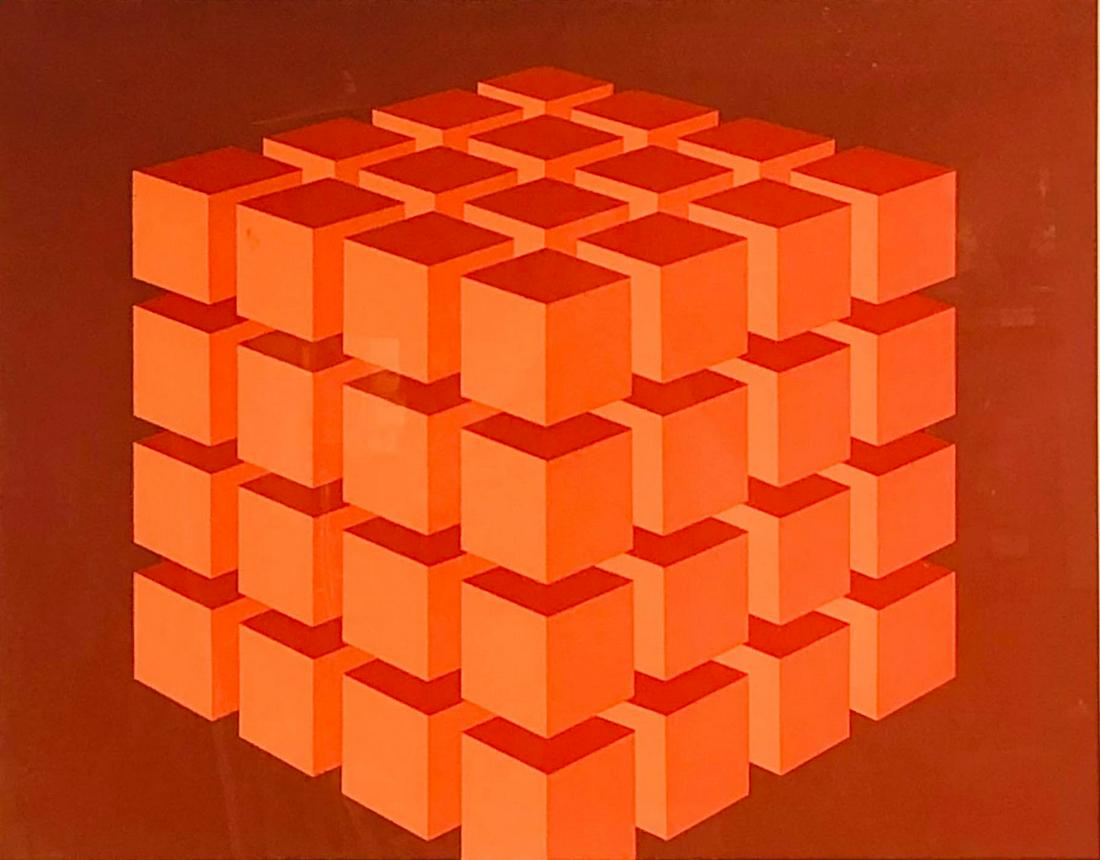 Marko Spalatin b1945 Orange Cube Op Art Litho LE: Marko Spalatin (American, born 1945). Limited edition mid century modern cube op art lithograph. Titled "Multy Cube" in pencil, lower left, numbered 2/50 at bottom center, with artist signature lower